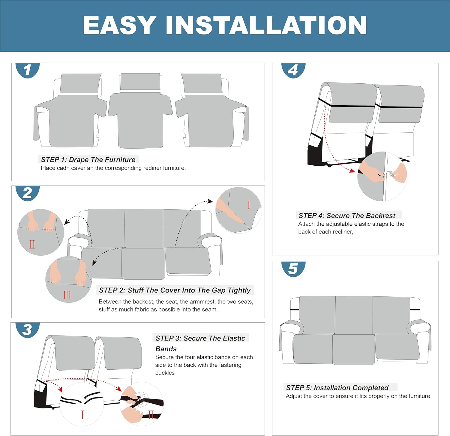 Genina couch covers for 3 cushion 100% Waterproof couch sofa reclining sofa covers 3 seat couch covers for reclining couches Furniture Protector for dog (Navy Blue, 3 Seater)