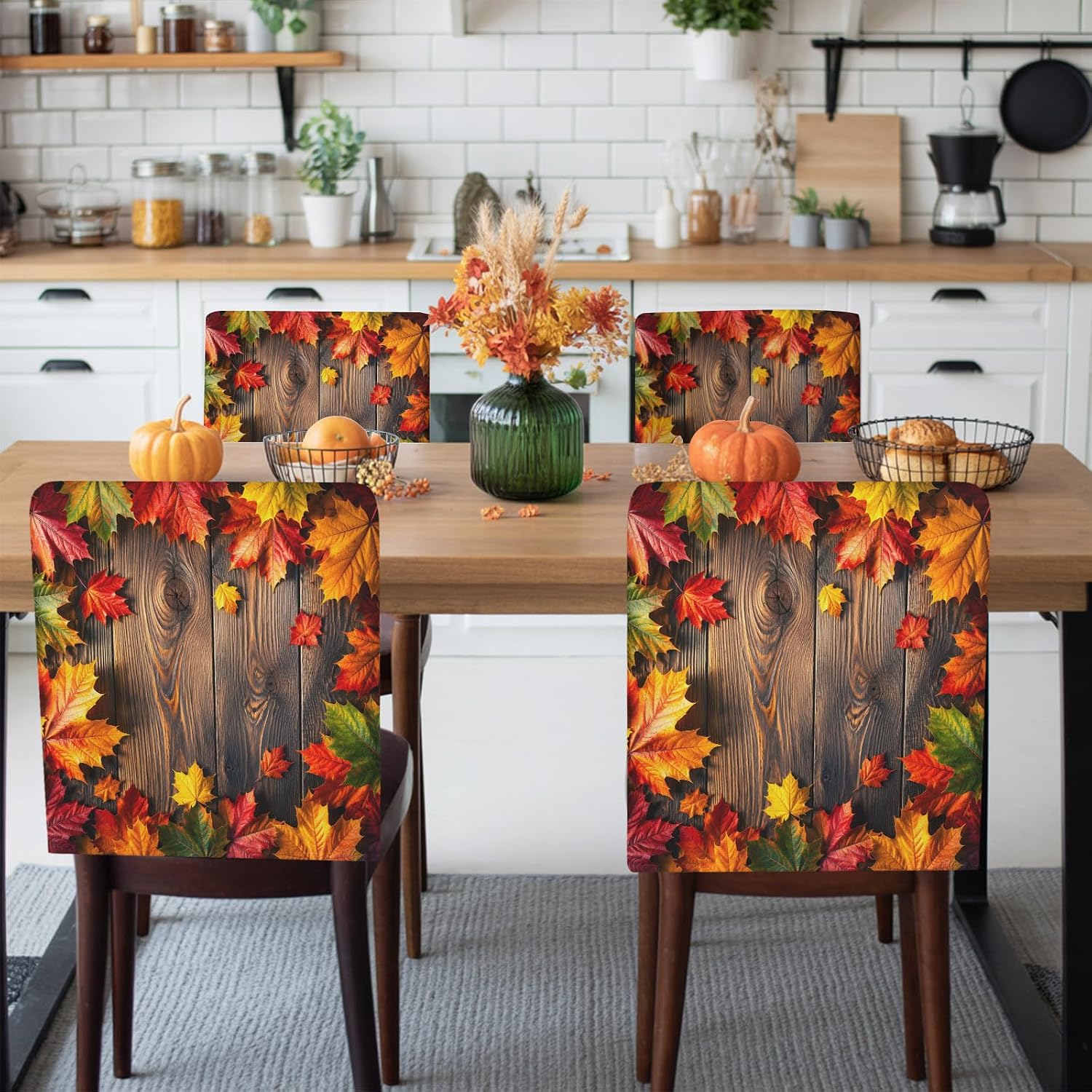 Maple Leaves Fall Chair Covers for Dining Room 4 Pack, Thanksgiving Vintage Wooden Chair Back Cover, Kitchen Slipcovers Protector for Party Banquet Seasonal Home Decor Warming Gift image 3