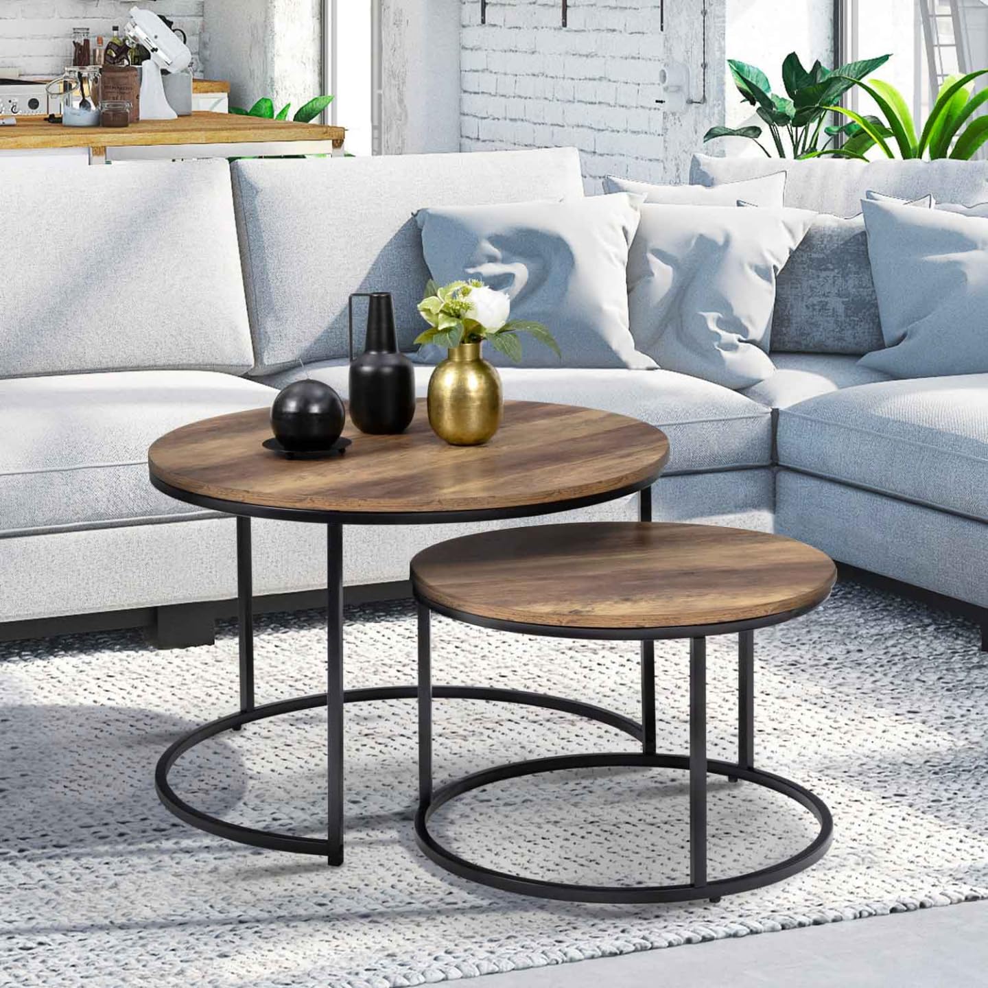 IDMarket - Lot de 2 Tables Basses gigognes Hawkins Rondes 54/70 Bois foncé Design Industriel