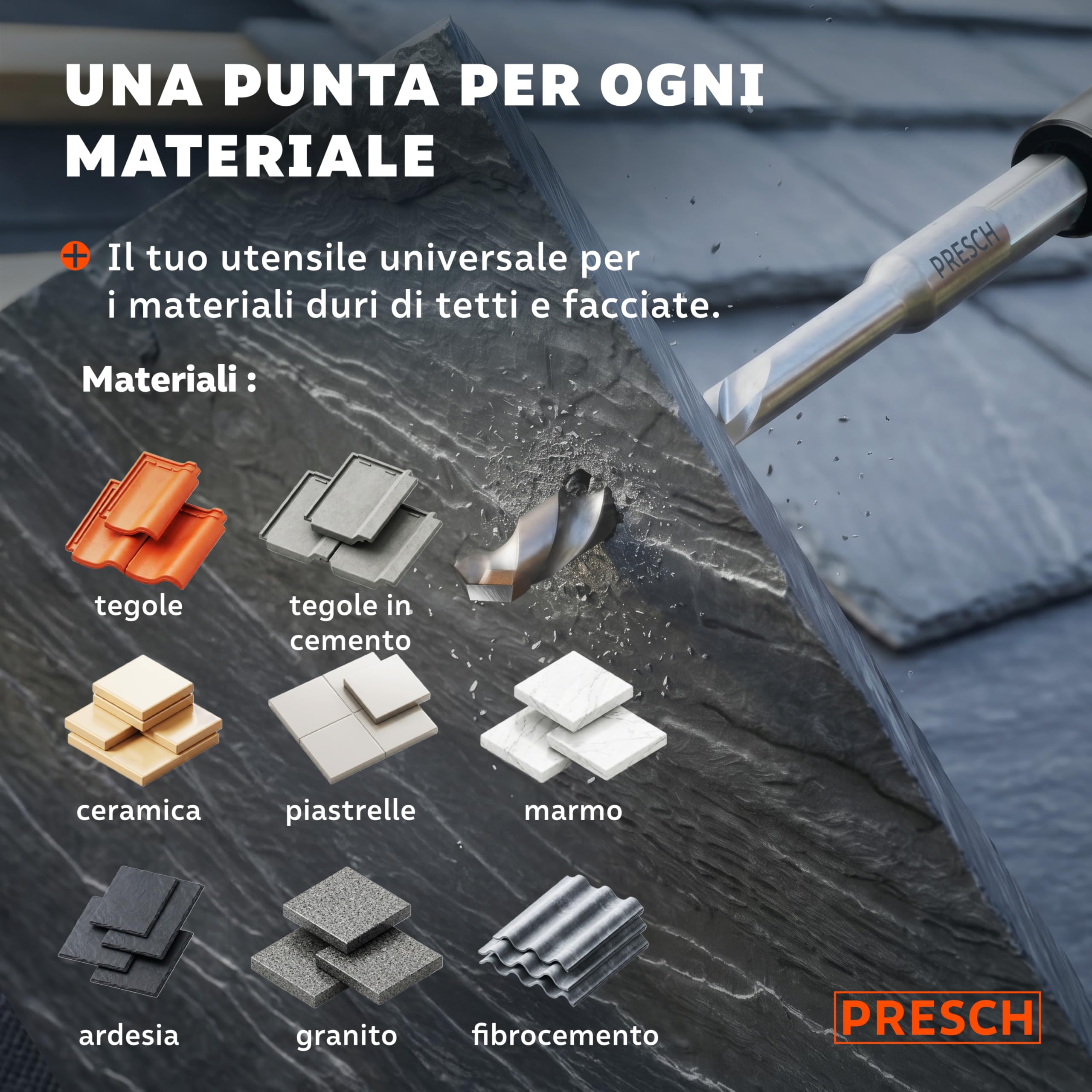 PRESCH Punte per Tegole 5mm (10 pz.) – Fori precisi in tegole dure - Punta con attacco esagonale in metallo duro – Punte per piastrelle estremamente robuste per ceramica, ardesia, granito e marmo