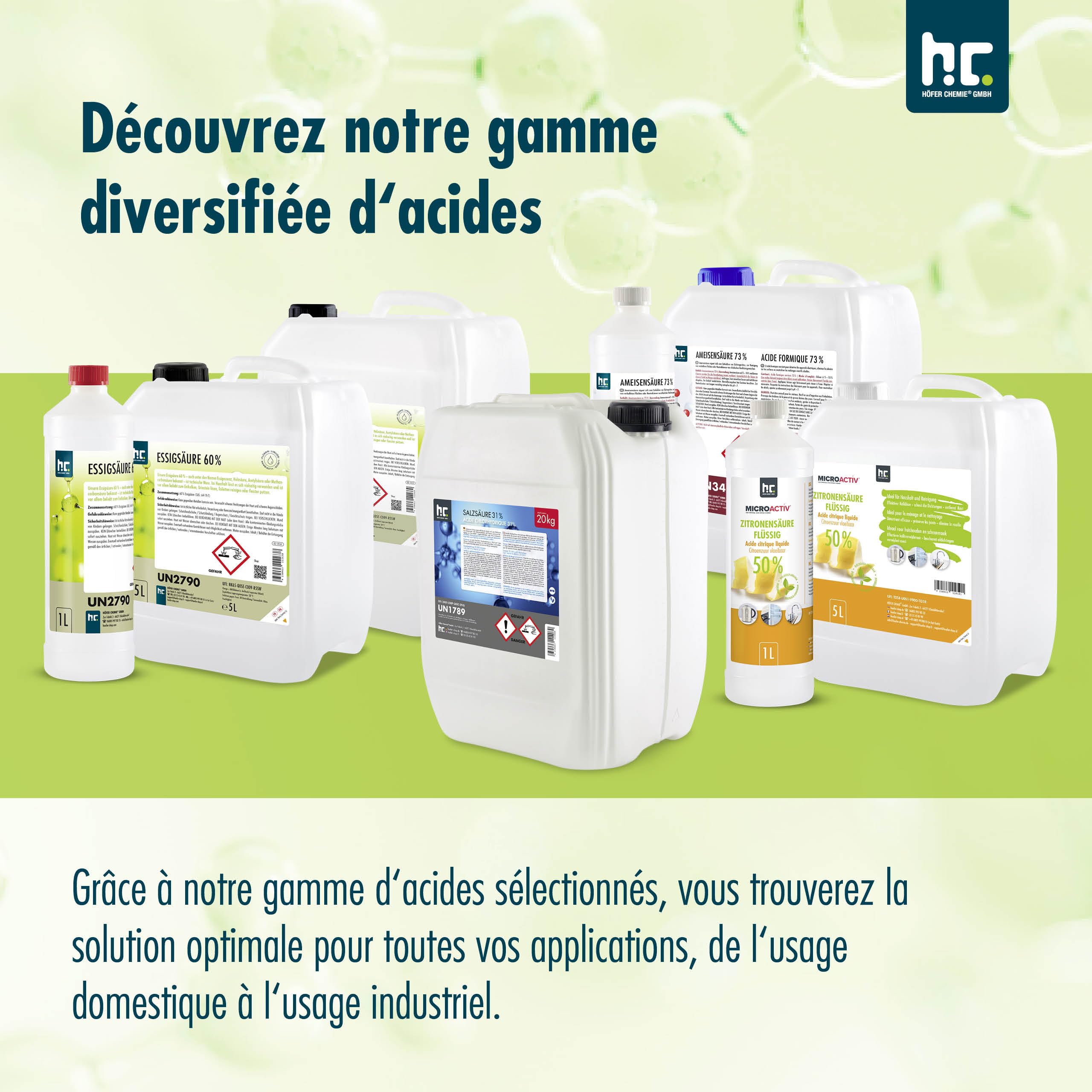 Höfer Chemie 2 x 5 L D'acide Acétique 60% - Nettoyant et Détartrant Optimal - Qualité Supérieure Fabriquée en Allemagne - Fraîchement Rempli dans un Bidon Pratique
