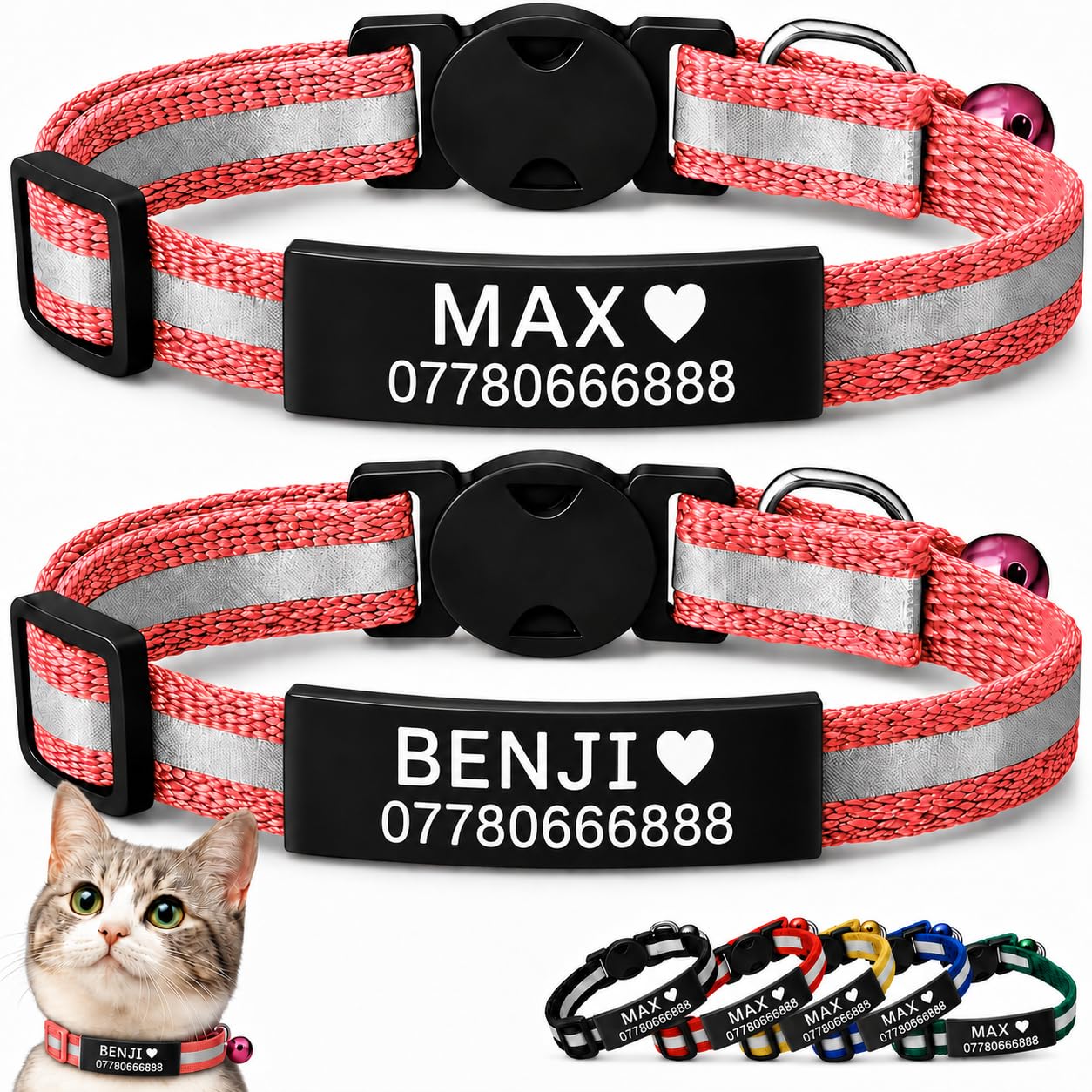 2 Pack Personalised Cat Collars with Engraved ID Plate, Name & Phone Number, Reflective Breakaway Safety Buckle, Adjustable Cat & Kitten Collar Set (Watermelon Red, Black Name Plate) โ image 1