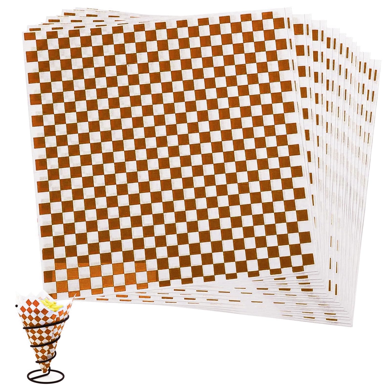Food Grade Wrap Paper, 100 Sheets Greaseproof Paper Sheets, Oil-Proof Wrapping Wax Tissue, Waterproof Checkered Burger pad for Deli Sandwich Cakes Cheese(26x28cm Coffee) — image 1
