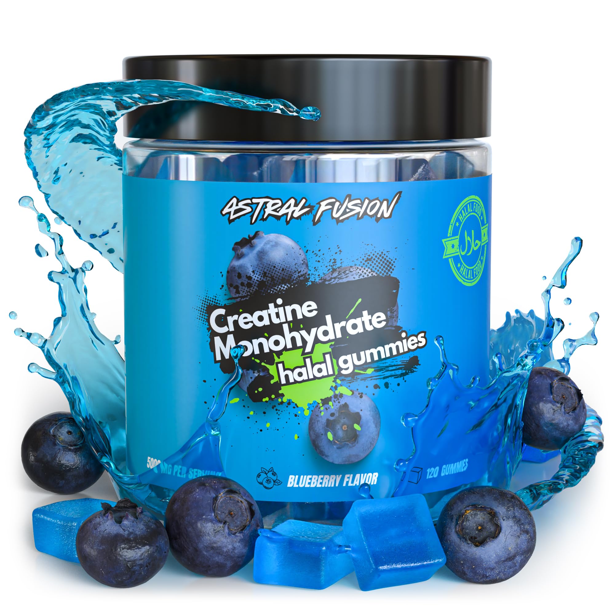 ASTRAL FUSION Halal Creatine Monohydrate Gummies 5000mg – Sugar-Free Vegan Creatine for Muscle Growth, Strength, and Recovery – Plant-Based Pre Workout Supplement – Blueberry Flavor – 60 Count