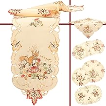 Quinnyshop Eichhörnchen Kürbis Laubblatt Herbst Stickerei Deckchen ca. 30 cm Rund Leinen-Optik Polyester, Creme