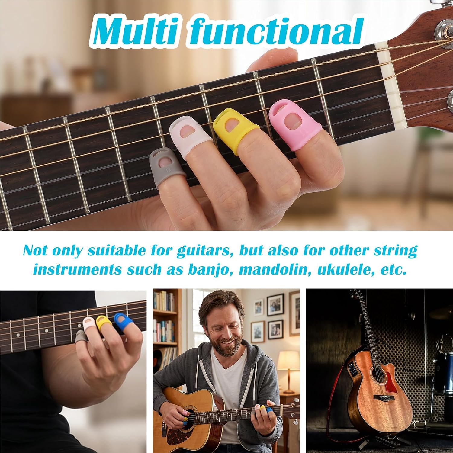 Guitar Fingertip Protectors, 30 Pcs 5 Sizes Soft Silicone Finger Tips Protectors with 10 Picks and Storage Box for Acoustic Electric Guitar Ukulele Banjo Mandolin