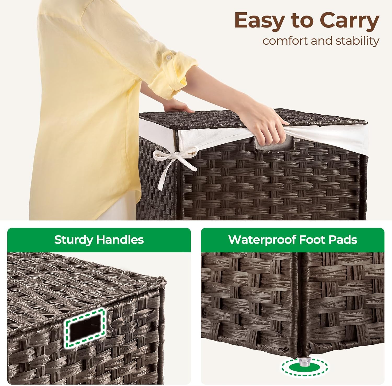 GREENSTELL Storage Basket with Lid, 42.3 Gallon(160L) Lagre Wicker Blanket Storage Basket with Handles, Foldable, 2 Removable Liner Bags, Metal Frame, for Bedroom, Laundry Room, Brown, 30"*18.1"*18.1"
