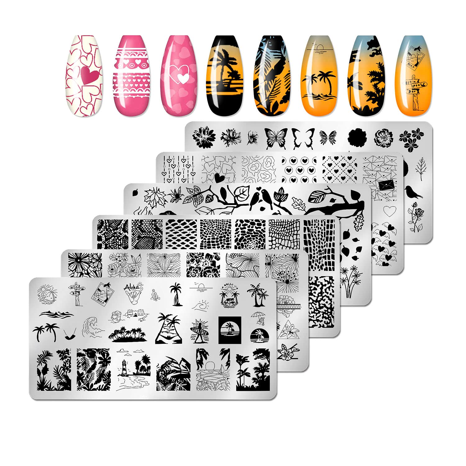 6pcs Nail Art Stamping Kit Nature Nail Stamping Plates for Nails Butterfly Love Heart Beach Flower Snake Image Plates for Holiday