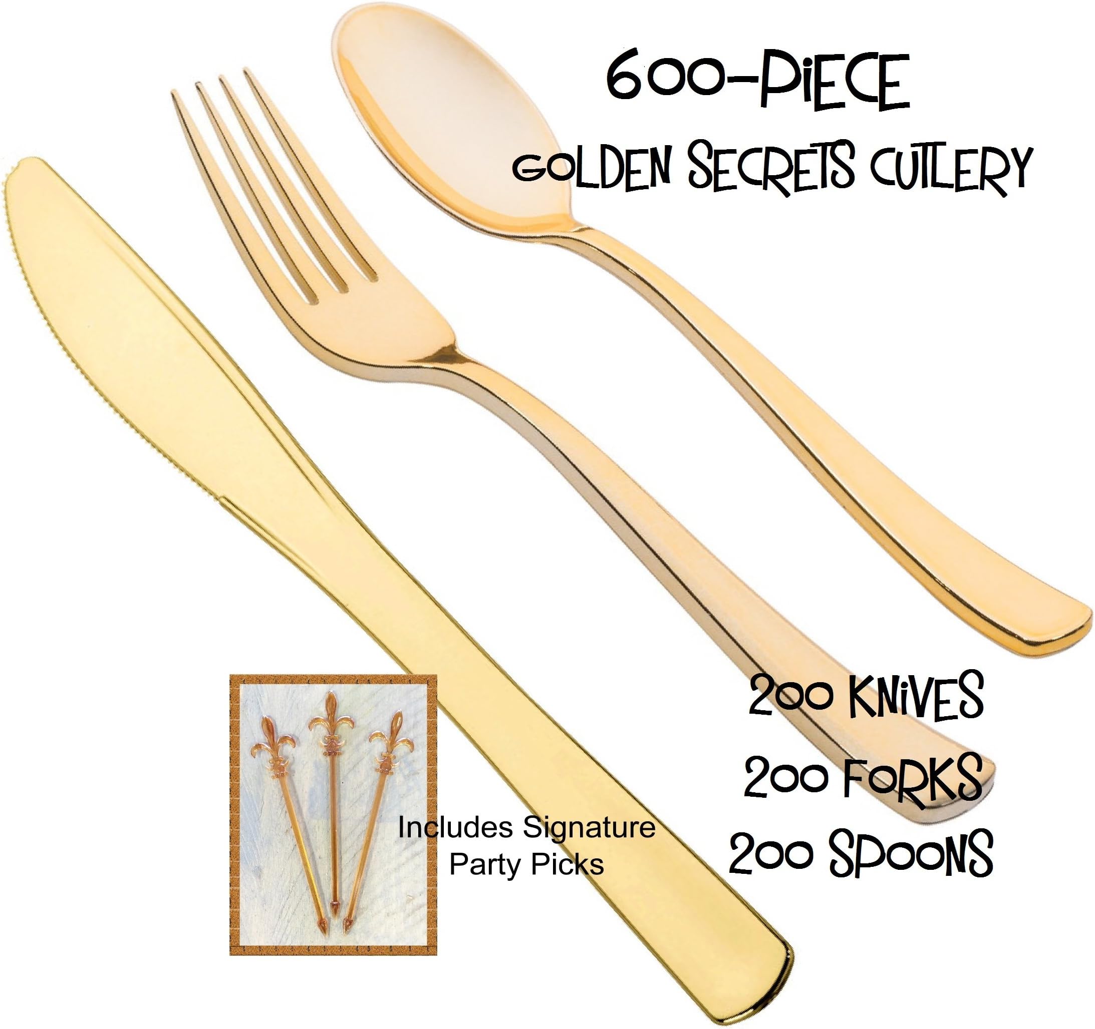 Gold Plastic Cutlery 600-PIECE Combo Pack, GOLDEN SECRETS, Includes 200 Forks, 200 Knives, 200 Spoons w/Signature Party Picks