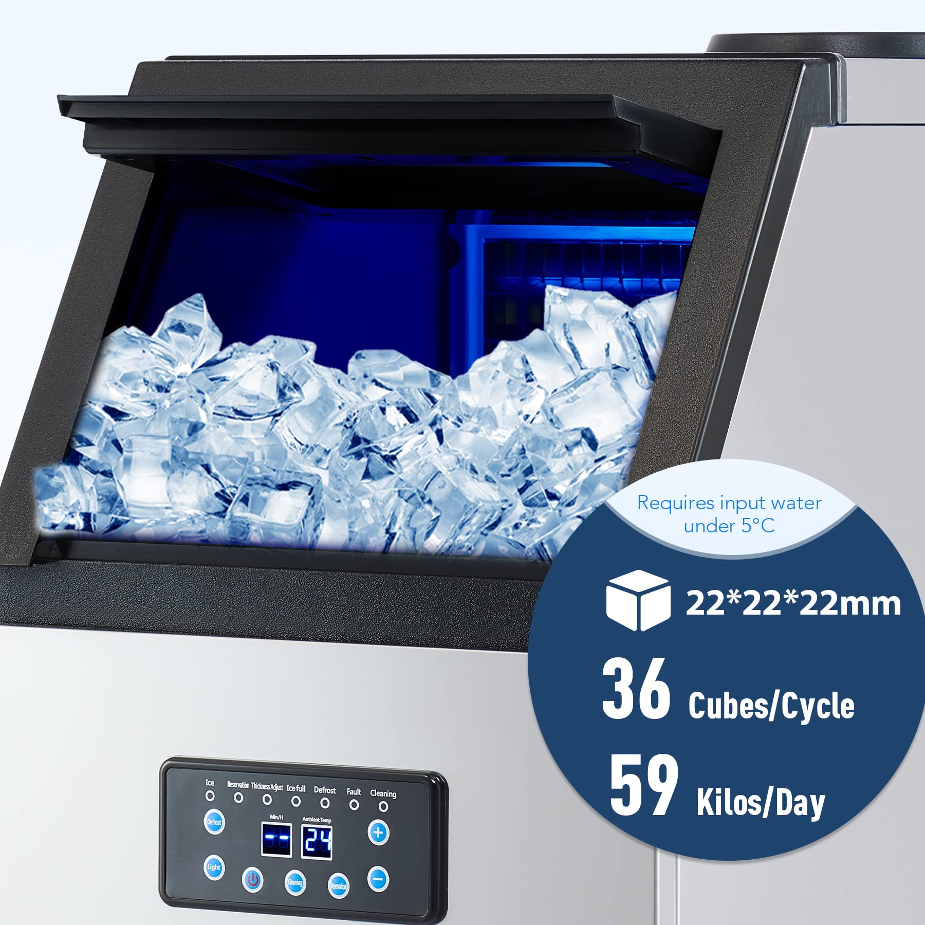 CREWORKS Máquina para Hacer Hielo 59KG/24H Máquina de Hielo Industrial 36PCS con Capacidad de Almacenamieto 10KG Máquina de Cubito de Hielo para Restaurante y Cafetería