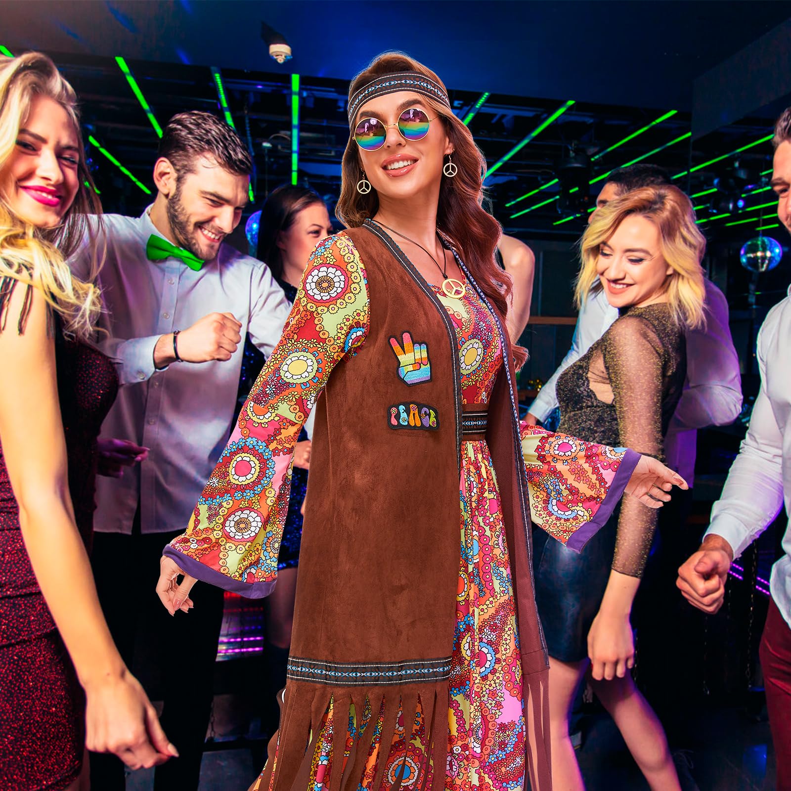 JONRRYIN Disfraz Hippie Mujer, Ropa De Los 70 Mujeres, 6 Piezas de Disfraz Hippie de los Años 60 para Mujer, Chaleco con Flecos, Pendientes, Diadema, Collar, Gafas de Sol