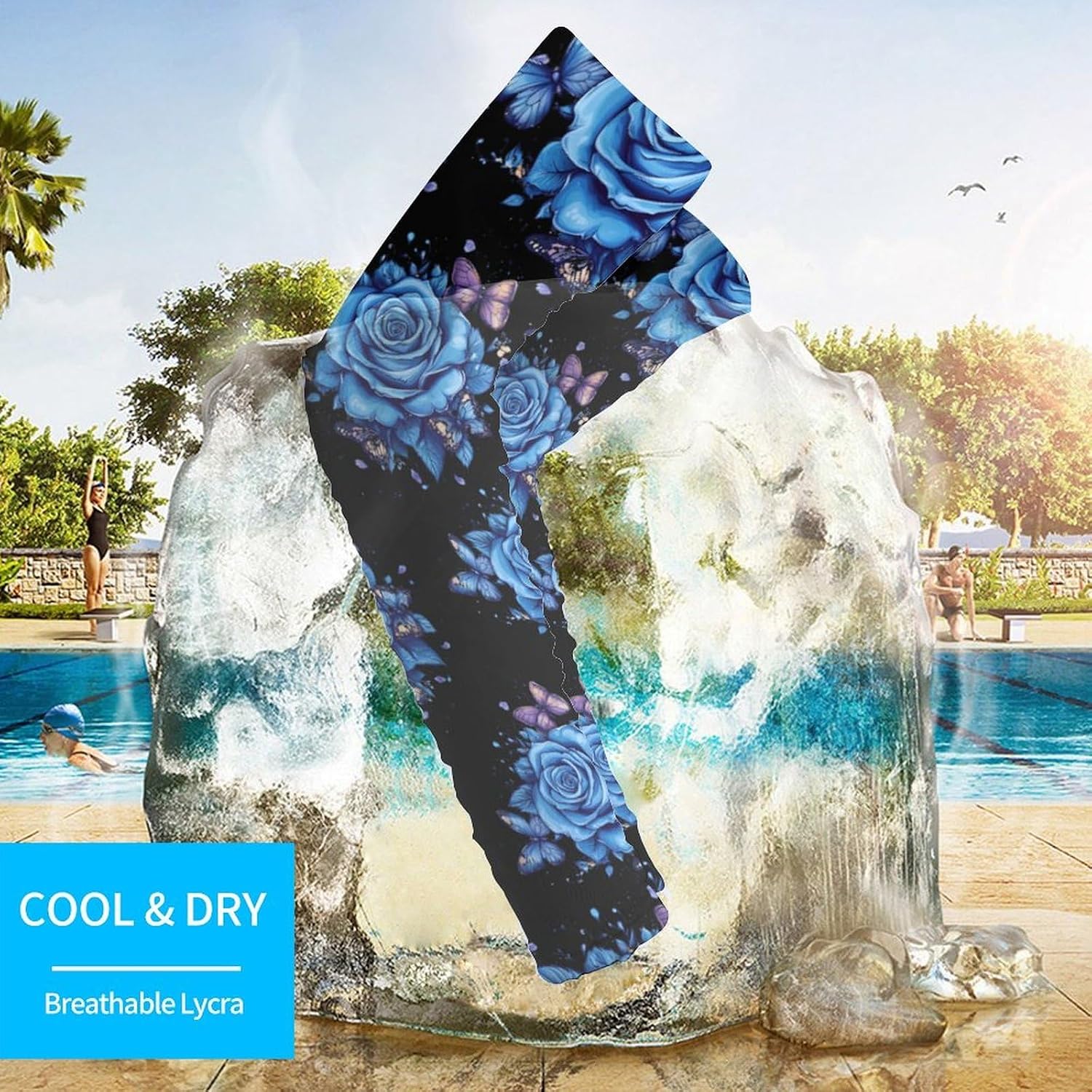 Butterfly Blue Roses Flowers Arm Sleeves Sun Protection Sleeves Sports Cooling Arm Compression Sleeve for Men Women