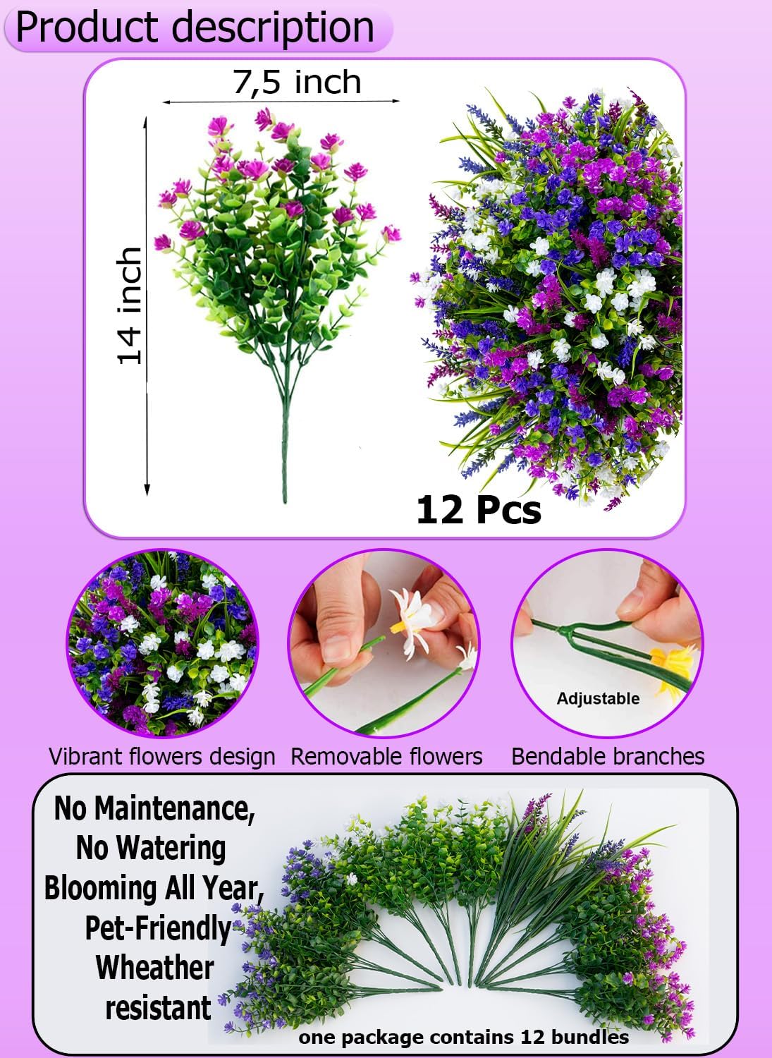 AXYLEX Artificial Flowers for Outdoors Fake Plants - 12 Bundles Faux Outside Greenery Boxwood No Fade Plastic Shrubs Home Decor Farmhouse Garden (Mixed, 3 Colors Magenta Purple White)