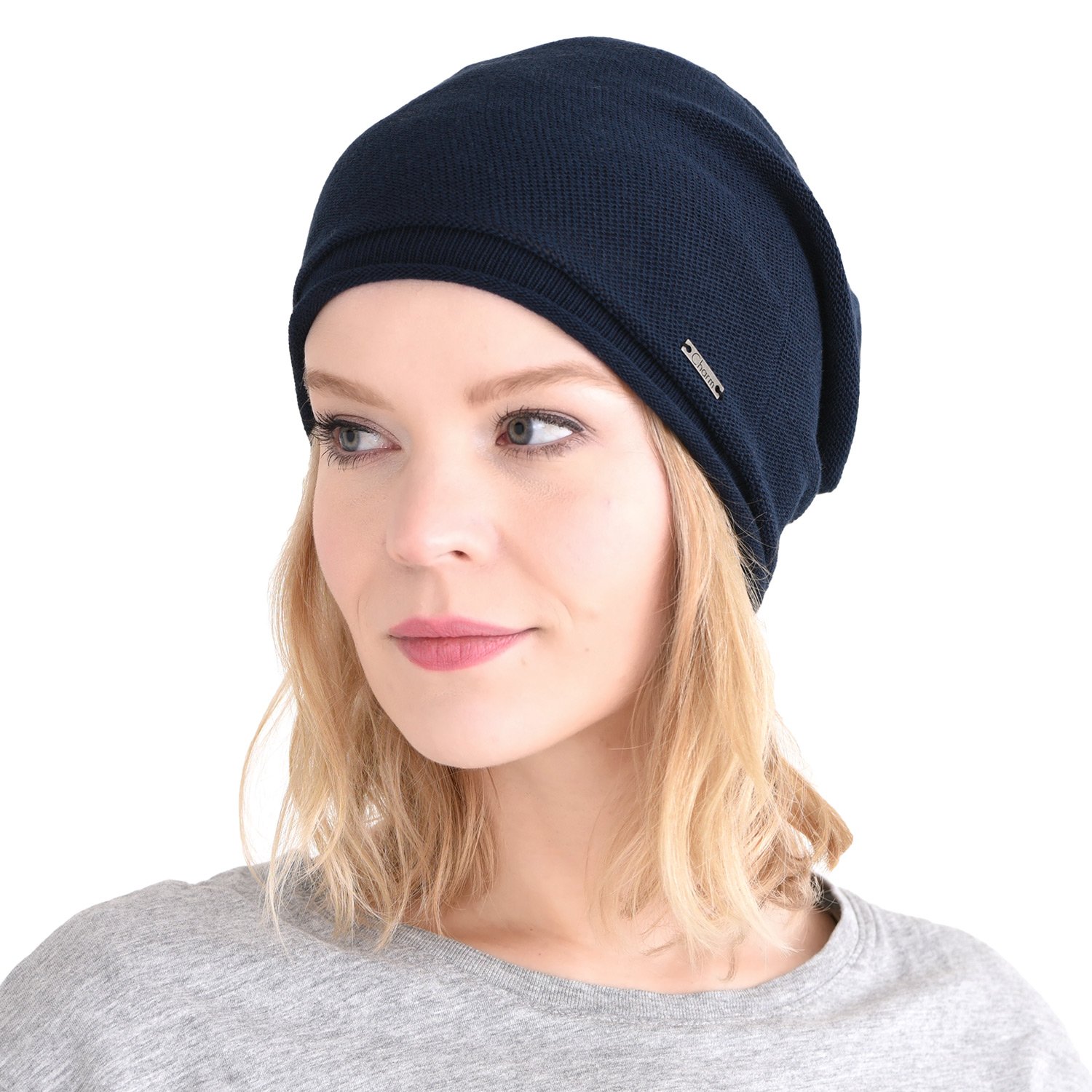 Charm Men's Navy Silk Beanie Hat For And Wo - Slouchy Oversized Beanies Cap Chemo Hat Perfect For Sensitive Skin