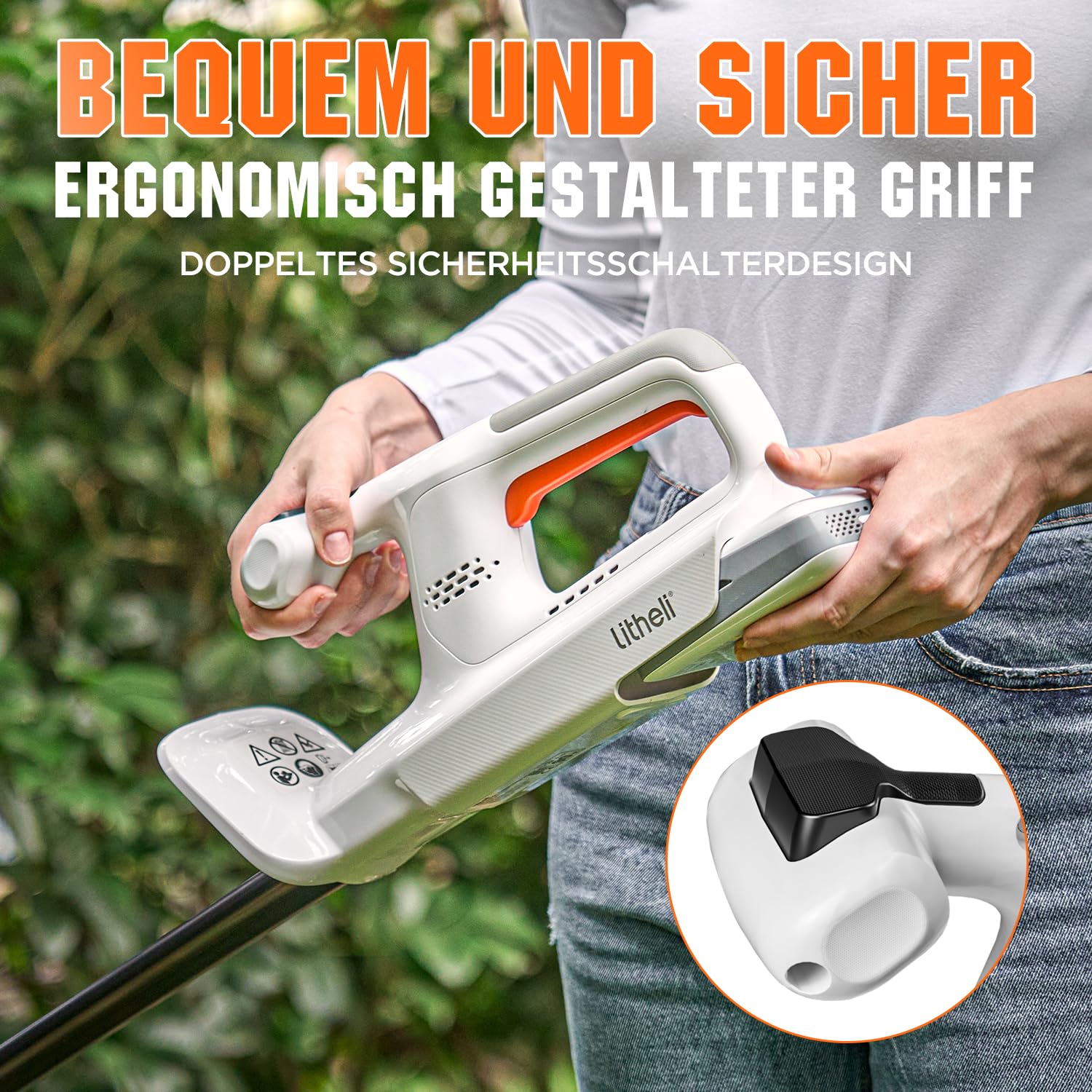 Litheli Akumulatorowe nożyce do żywopłotu 20 V z akumulatorem 2,0 Ah, Hedge Trimmer z akumulatorem 2,0 Ah. Ergonomiczny uchwyt, długość 45 cm do łatwego przycinania, lekkość cięcia