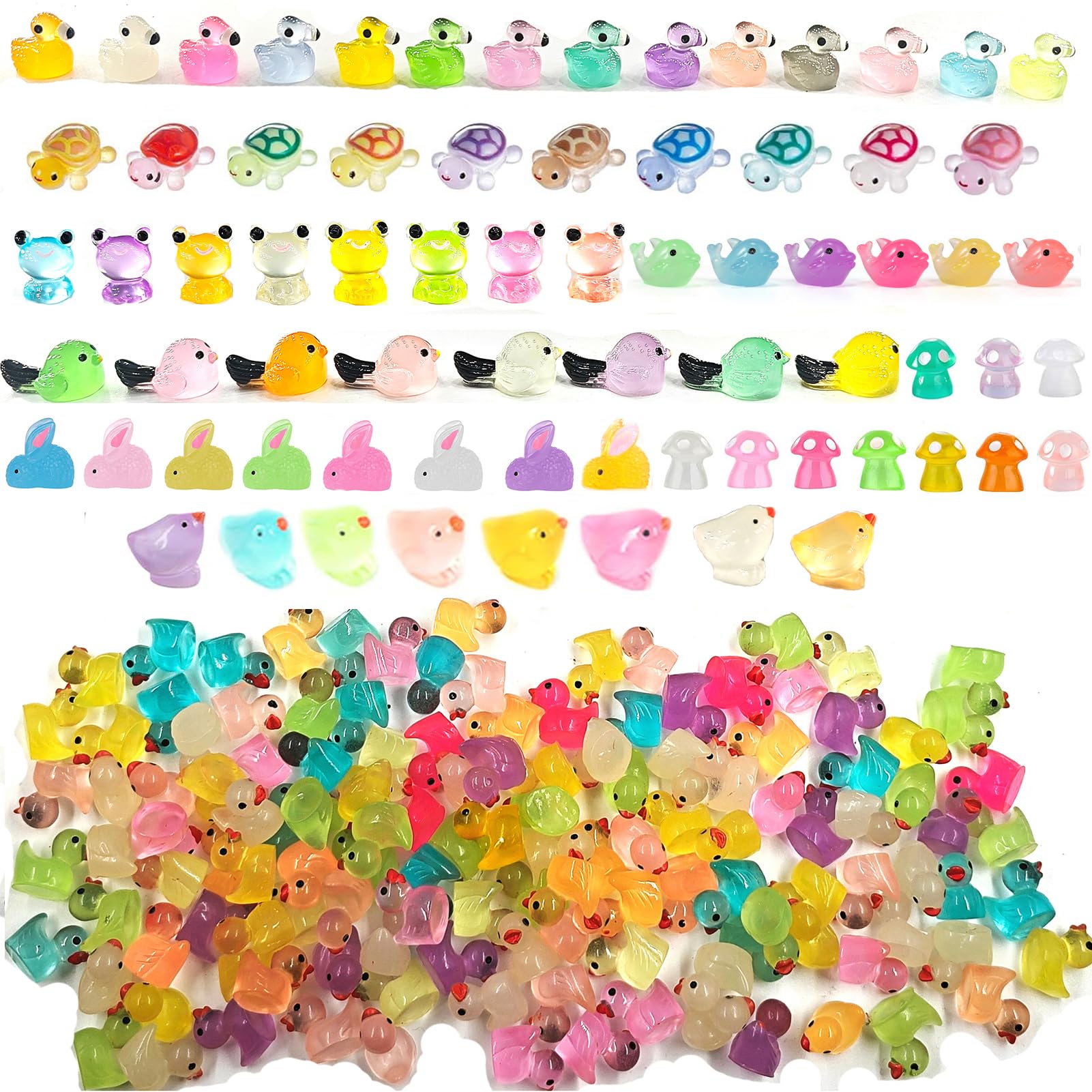 9 Combination Sets 200PCS Luminous Mini Resin Duck Dolphin Frog Rabbit Chicks Mushrooms Birds Turtles Moltres for Plants Party Garden Landscape Aquarium Potted Hide and Seek Dollhouse Decoration DIY