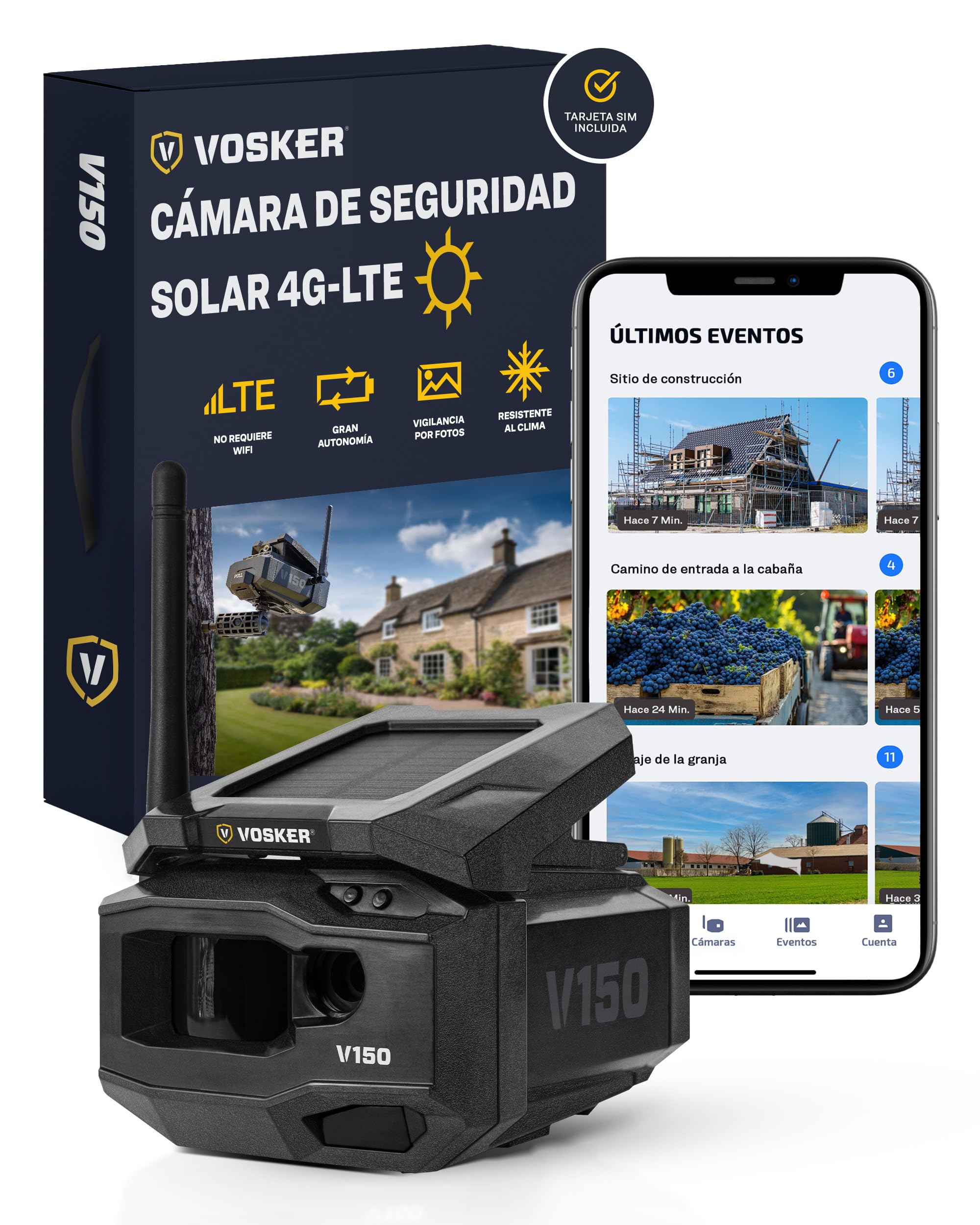 VOSKER V150 LTE telecamera di sorveglianza per esterni con app per smartphone, telecamera di sorveglianza senza wifi con scheda SIM e pannello solare, telecamera di sorveglianza wireless con batteria
