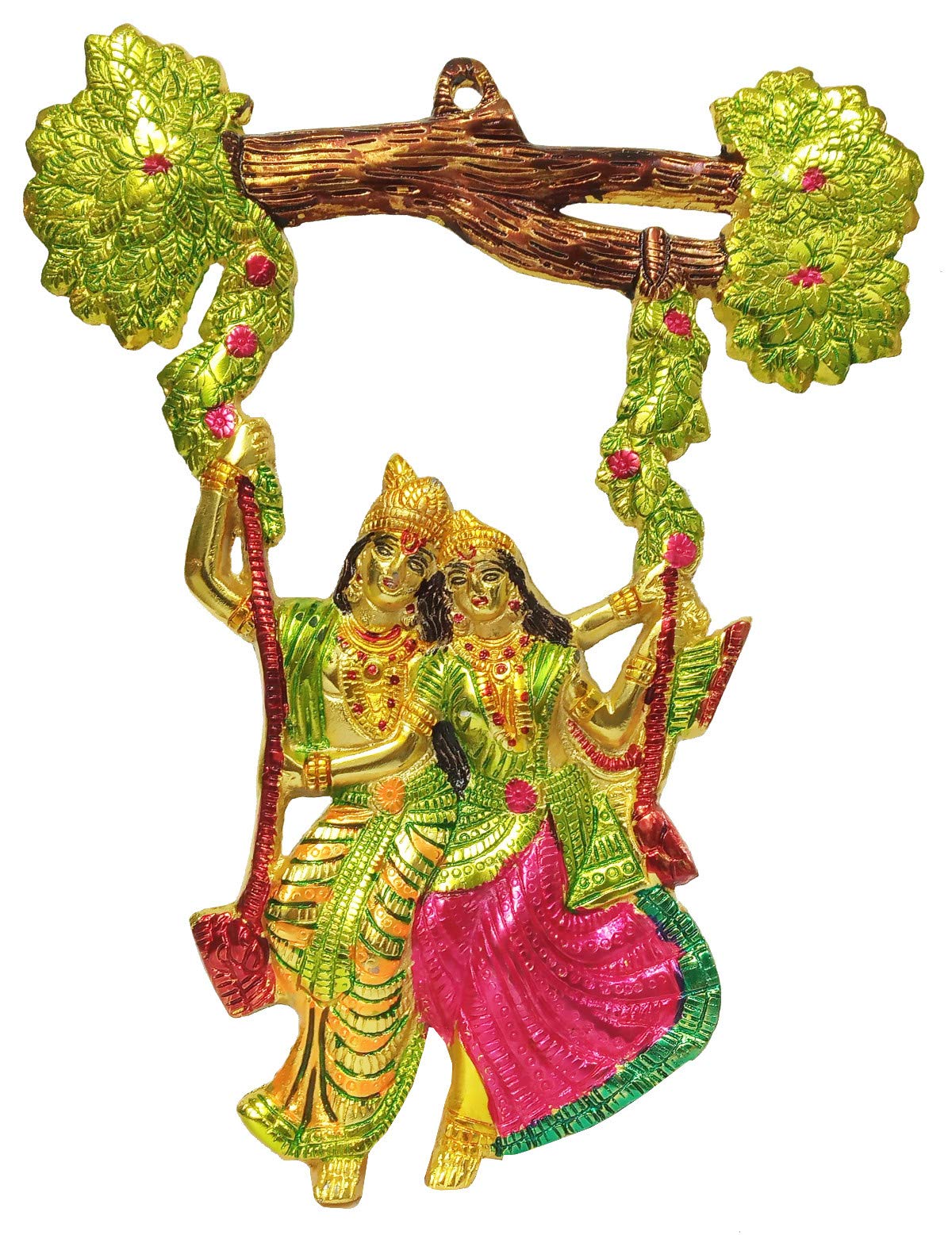 Purpledip Metal Wall Hanging Radha Krishna On Swing: Colorful Plaque For Home Temple (12185)
