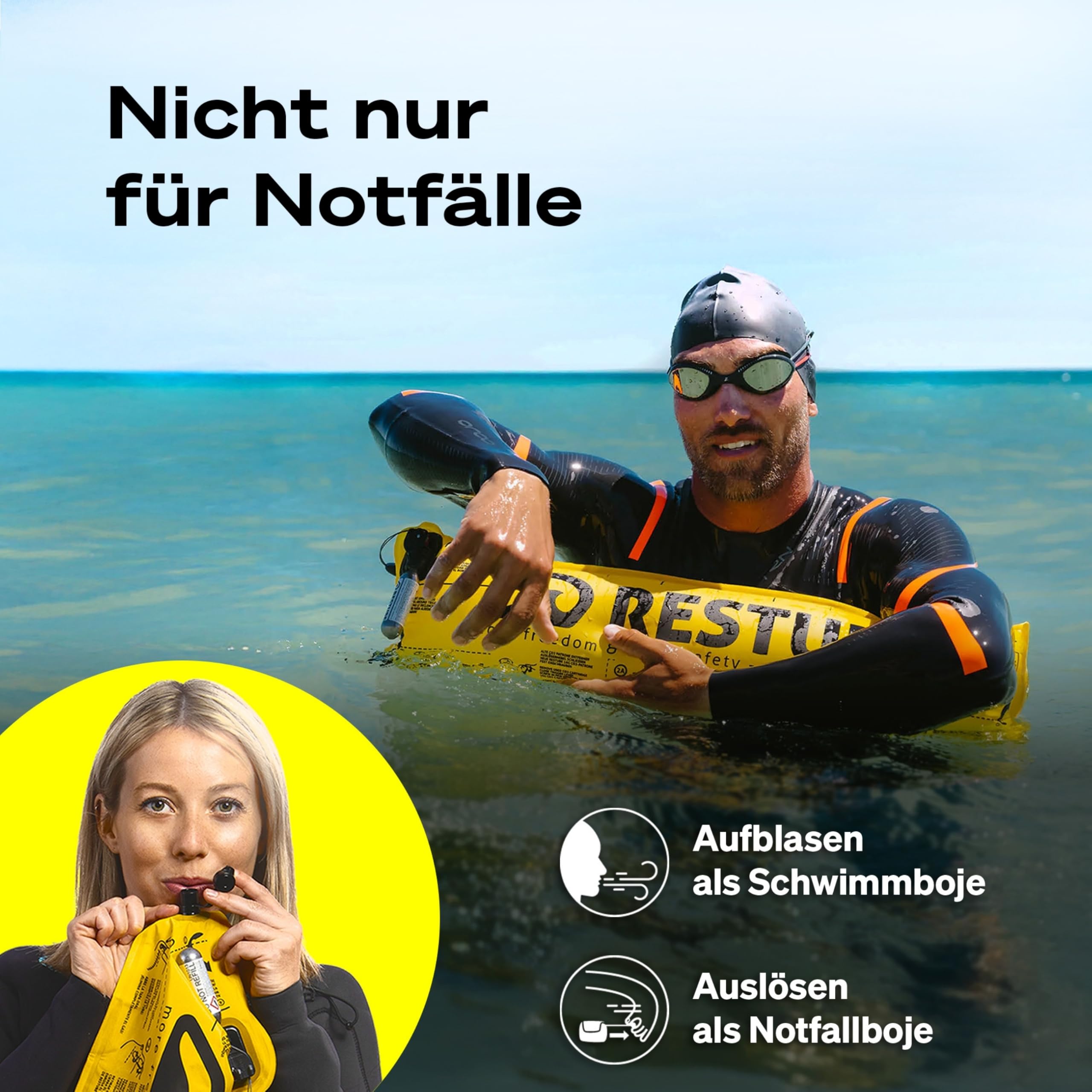 RESTUBE Beach CO2 Schwimmboje - Für EIN sicheres Gefühl im Wasser - auslösbare Rettungsboje - Schwimmboje für Erwachsene und Kinder ab 10 Jahre - Boje für SUP, Schwimmen, Schnorcheln & Schwimmhilfe
