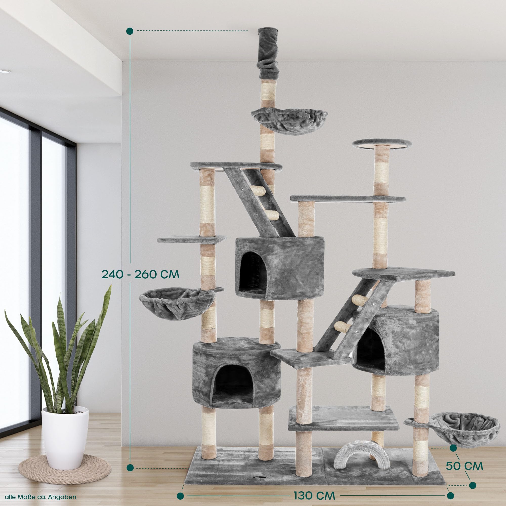 HAPPYPET Kratzbaum deckenhoch 260 cm hoch, Kletterbaum SAM – Großer XXL Katzenbaum Stabil für mehrere Katzen, stabile 8 cm Säulen, Liegemulden, Häuser, mit Zubehör, Grau
