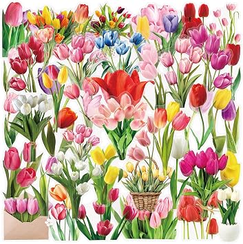 50Pcs Natural Flower Stickers Tulip DIY for Scrapbook Planner Journal Diary Card Gift Craft Supplies Pre-Cut Waterproof Transparent Red Yellow Pink Flower Decals Decor Tulip