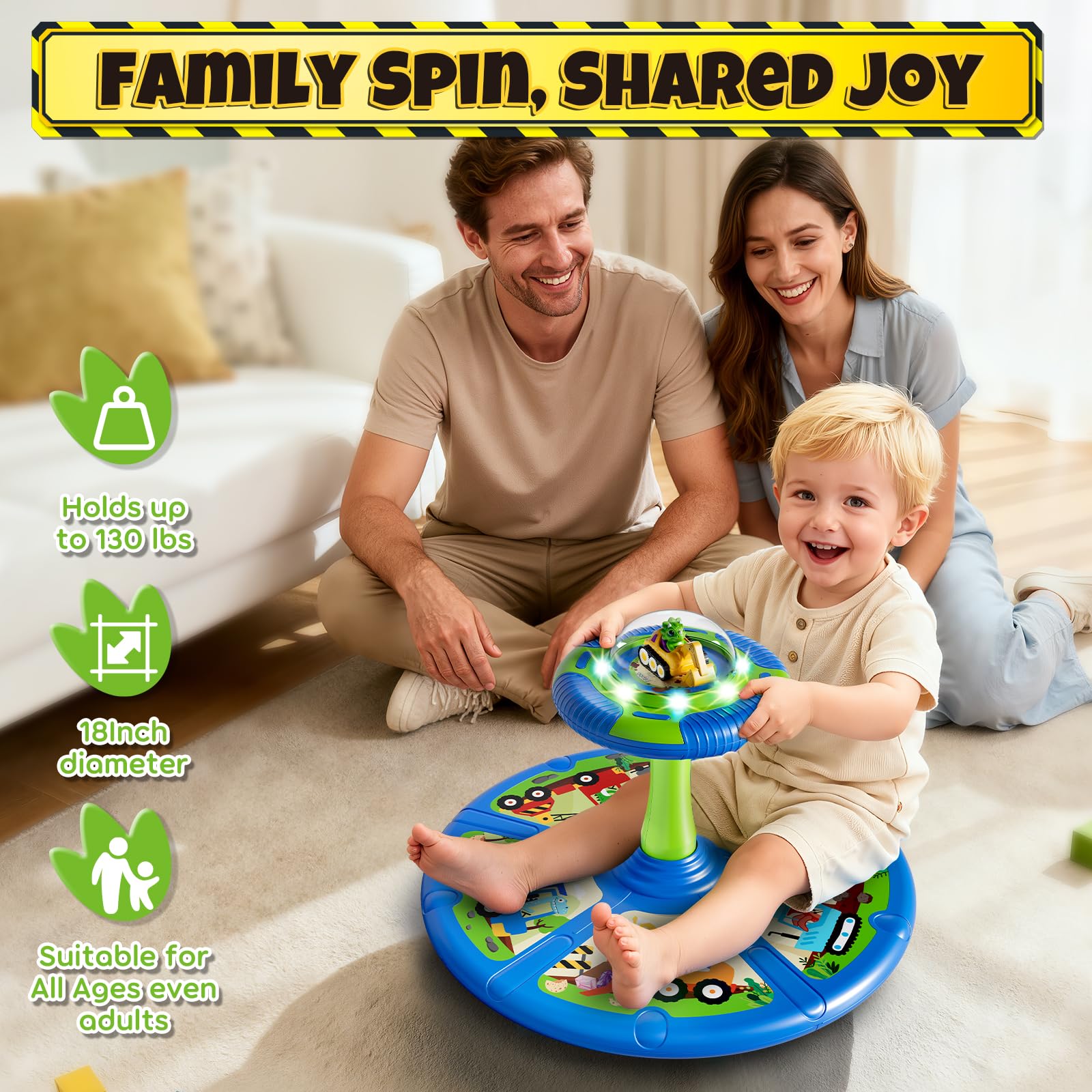 Lehoo Castle Dino Drehsitz Spielzeug Kinder, mit Licht & Musik | 360° Drehung, 3 Modi mit Licht & Sound, belastbar bis 59 kg, für drinnen & draußen, für Kleinkinder 1-6 Jahre