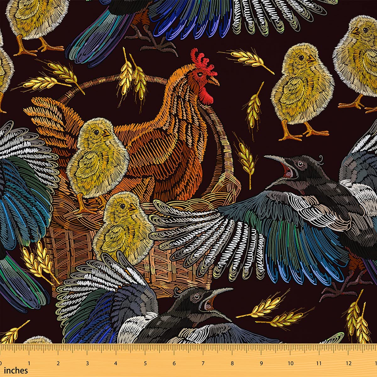 Bird Upholstery Fabric by The Yard - Chicken Chick Retro Farmhouse Decor, Wheat Animal Poultry Indoor Outdoor Waterproof - Vintage Wildlife DIY Art - Yellow Blue, 1 Yard