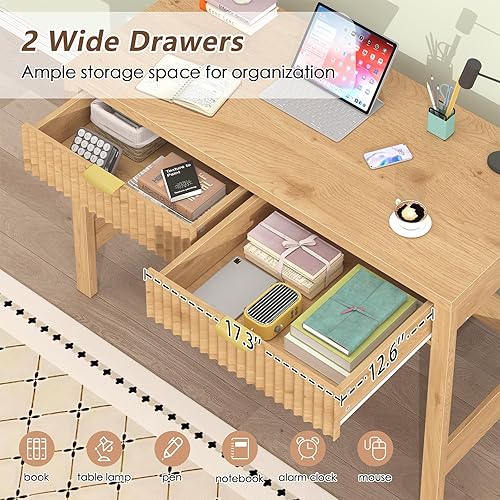 Miniatura 5 de Escritorio estriado para computadora con 2 cajones, escritorio pequeño de computadora de 39 pulgadas con almacenamiento, escritorio de estudio