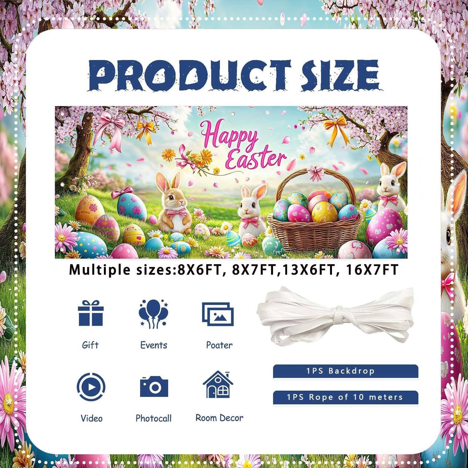 16X7FT Spring Easter Garage Door Cover Decorations, Spring Cute Bunny Colorful Eggs Flower Green Grass Garage Door Background, Easter Family Outdoor Indoor Hanging Party Supplies