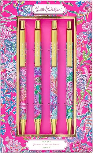 Lilly Pulitzer Juego de 4 bolígrafos de tinta negra, retráctiles para el hogar u oficina, bolígrafos coloridos de plástico con clic, buscadores de
