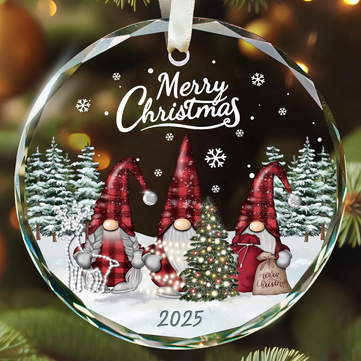 Gnome Ornaments - Gnome Christmas Ornament 2025 - Holiday Gnomes Ornaments for Christmas Tree - Gifts for Gnomes Lovers, Family, Friends - Glass Hanging Ornament