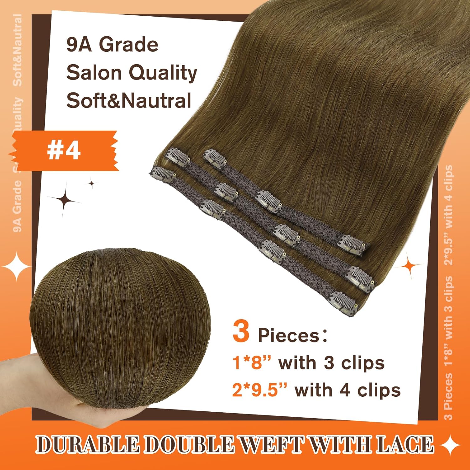 Full Shine Seamless clip ins & Lace Clip ins Remy Hair Total Medium Brown 16 Inch