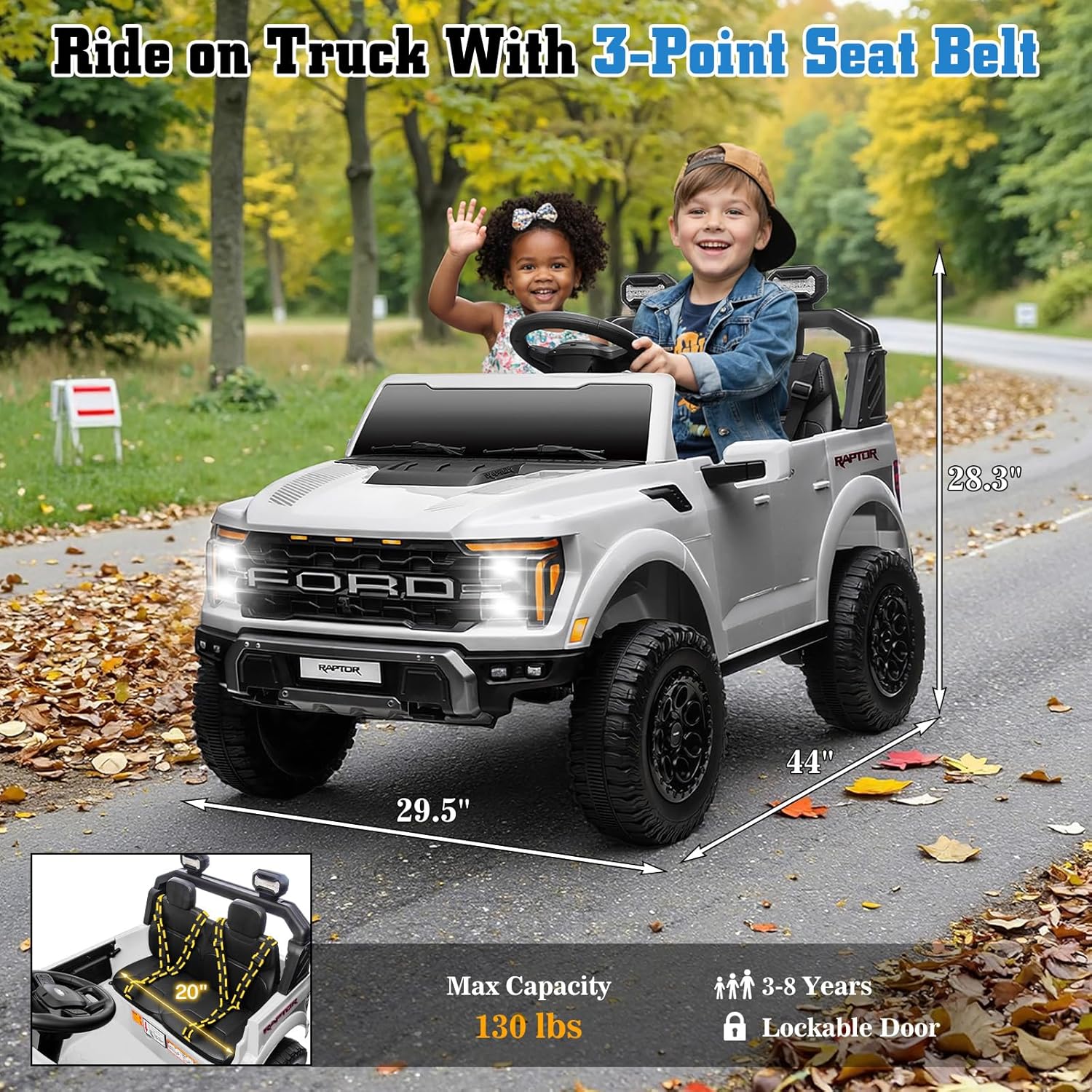Licensed Ford F-150 Raptor 24V Ride on Toys for Boys & Girls, 2 Seater Kids Electric Car, Todder Ride on Car w/Remote Control, LED Lights, Bluetooth Music, Truck Bed Storage (White, 24V)