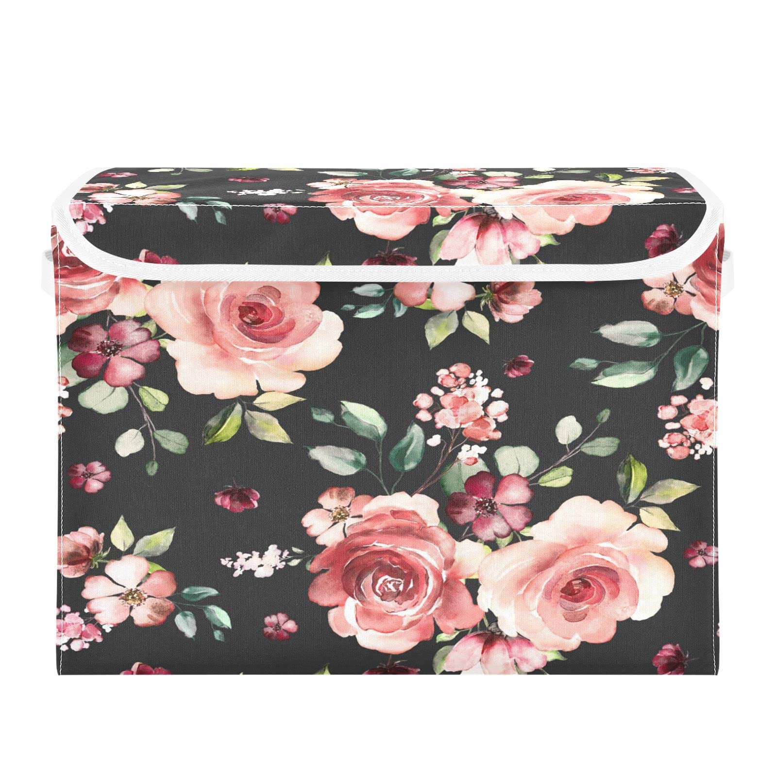 Mnsruu Storage Boxes with Lids, Shaby Chic Rose Peony Dark Grey Large Storage Basket Organizer Shelves Cube Bin Toy Clothes Underbed - Image 3