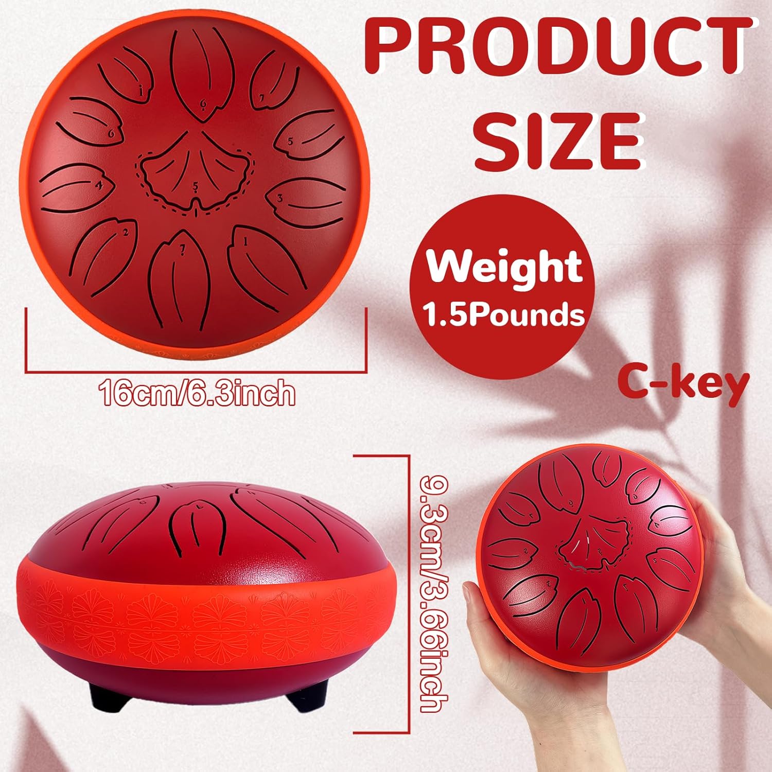 TUOKING Rain Drum for Outside Steel Tongue Drum 6 Inch 11 Notes C Key Handpan Drum for Adults and Beginners Sound Healing Musical Instrument for Meditation, Yoga, Music Lovers(Red)