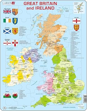 Larsen Puzzles K18 Great Britain & Ireland Political Map Jigsaw Puzzle 48 Pieces - Educational Map Puzzle for Kids & Adults - Boxless Tray & Frame Stocking Filler