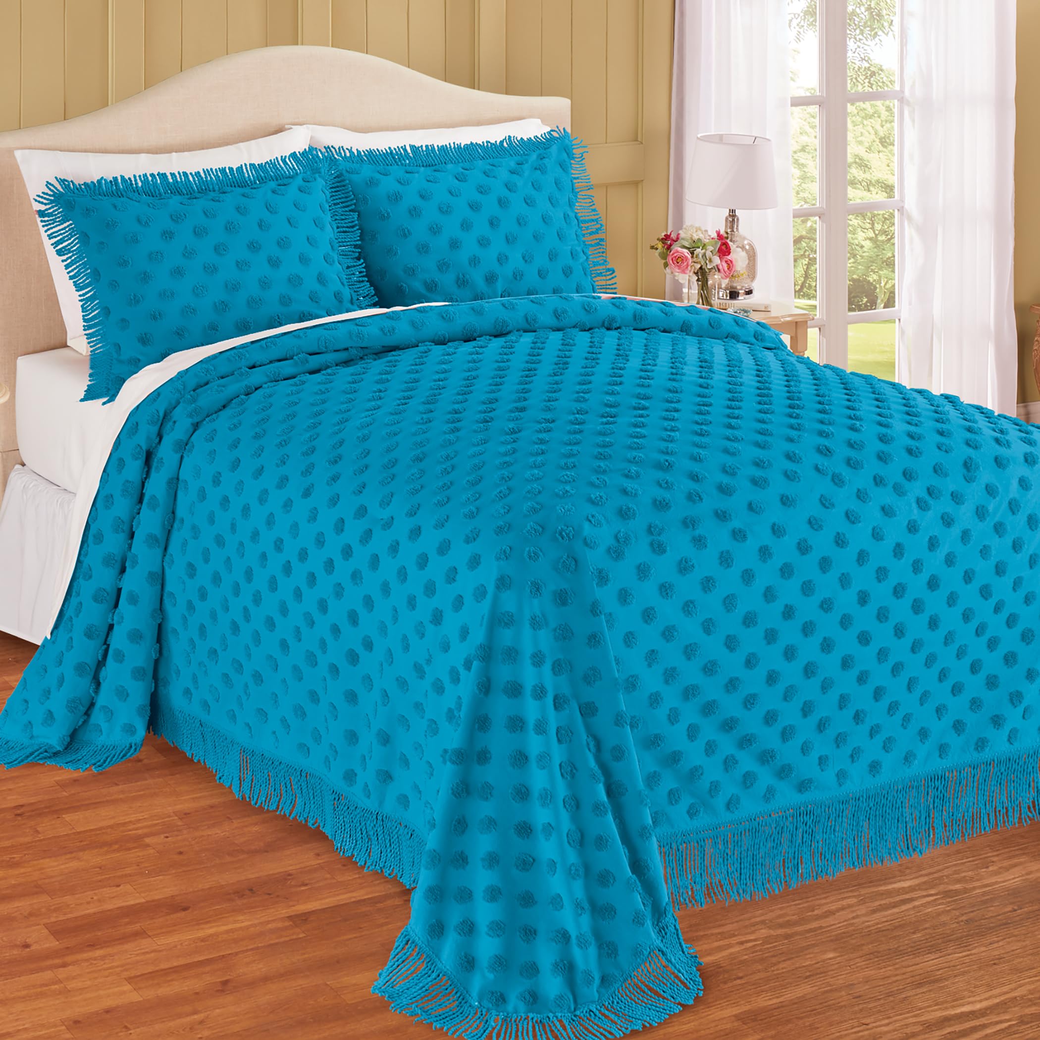 Collections Etc Polka Dot Design Plush Chenille Fringe Border Bedspread