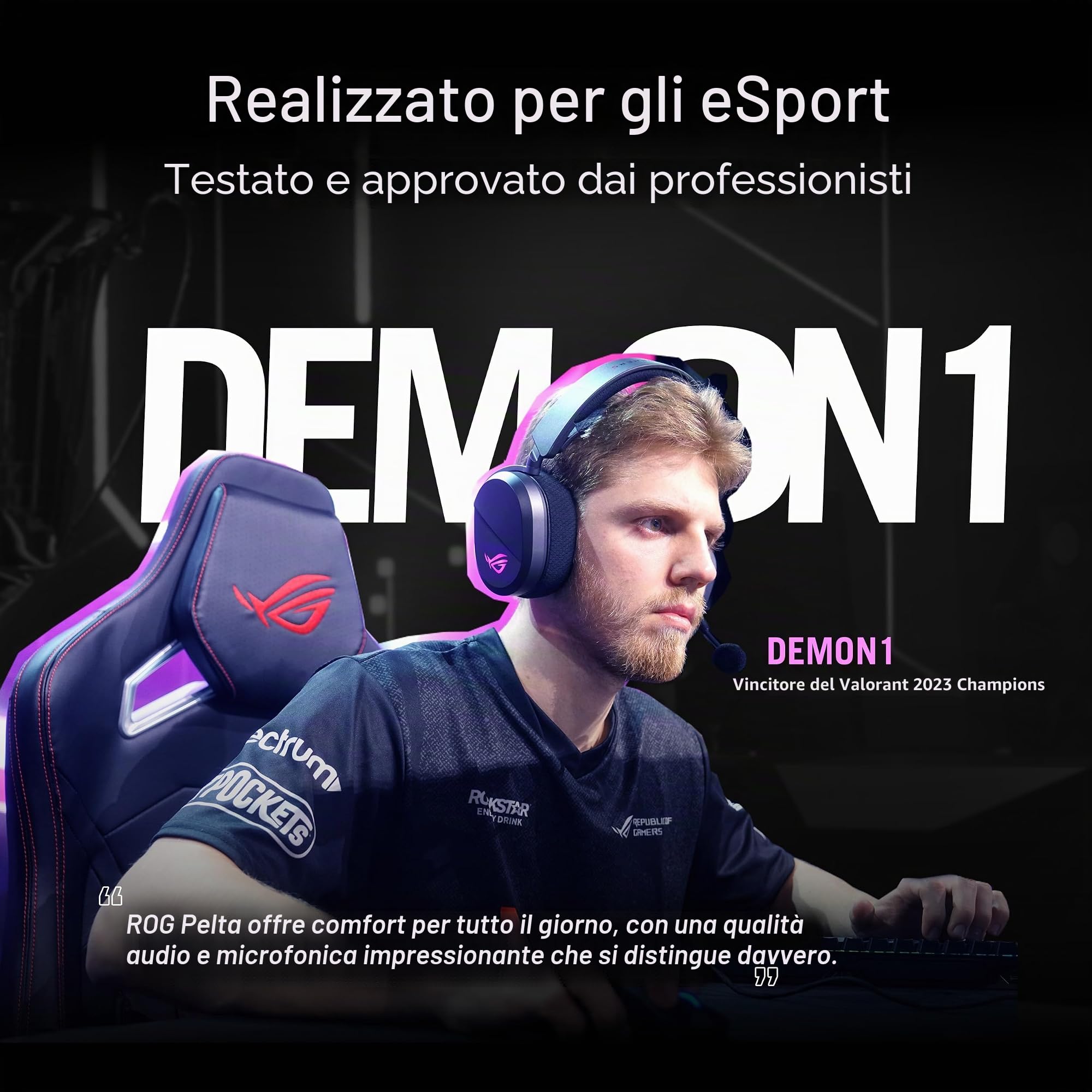 ASUS ROG Pelta - Cuffie da gioco wireless (BT, ROG SpeedNova 2,4 GHz, USB-C, leggero 309 g, driver ROG placcati in titanio 50 mm, micro super banda 10 mm, RGB, 70 HR, per PC, Switch, PS5) - Nero