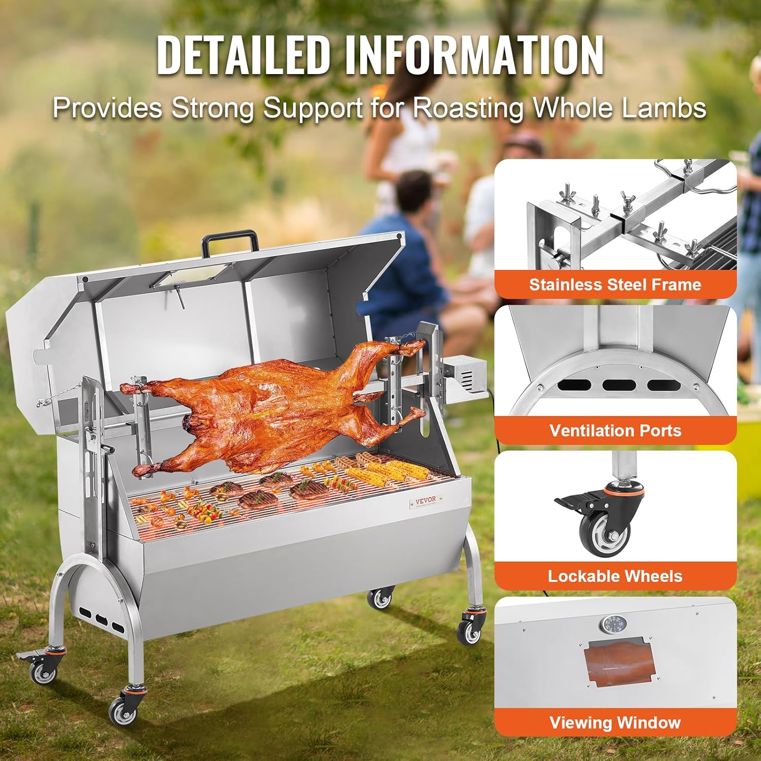 VEVOR Rotisserie Grill with Hooded Cover Roaster, 46 Inch 198Lbs Capacity, BBQ Outdoor Pig Lamb Rotisserie Roaster, Electric 52W Motor Stainless Steel Roasterfor Camping Outdoor Barbecue