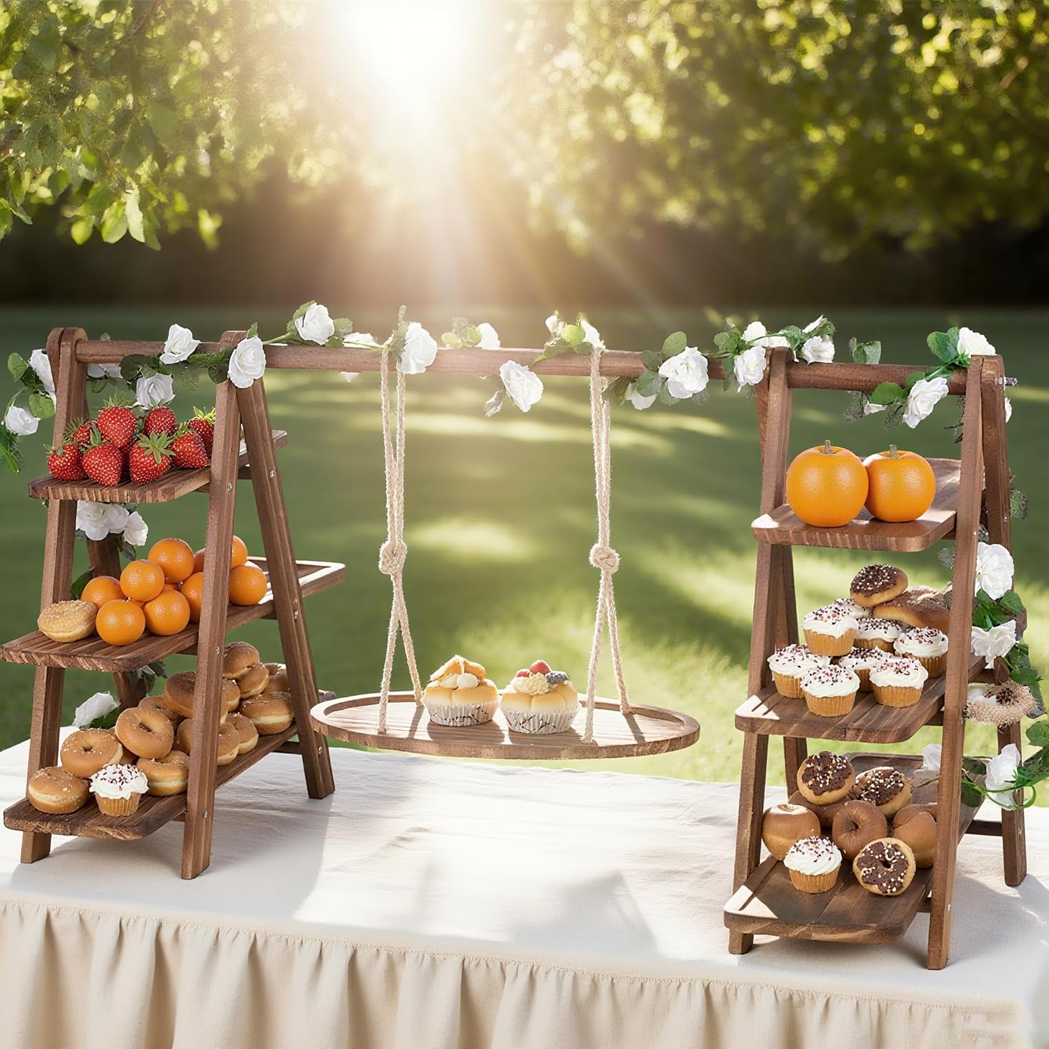 Wooden 3 Tier Cupcake Stand with Swing and Foldable Stand – Wood Dessert Display, Cupcake Swing Stand, Charcuterie Board, Serving Tray Set, Rustic Wooden Food Display for Parties