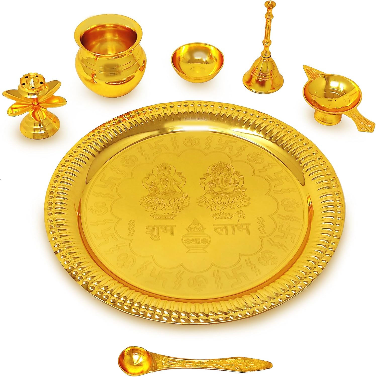 Pooja Thali Set Gold Plated with Red Gift Box Designed 22 cm Puja Plate Kalash Bowl Ghanti Spoon Dhup Dan Diya for Home Office Diwali Wedding Return Gift Items