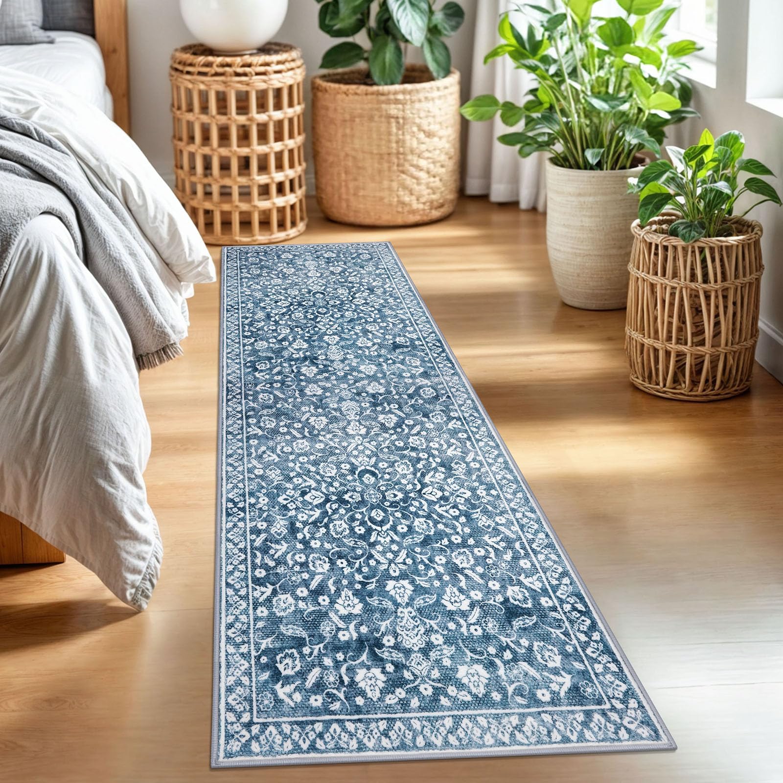 SILOLOOM Vintage 2x7 Runner Rug, Blue and White Washable Runners for hallways, Super Soft Kitchen Runner Rug Non Slip, Print Faux Wool Floral Thin Carpet Runner for Entryway Indoor Bedside Runner — image 1