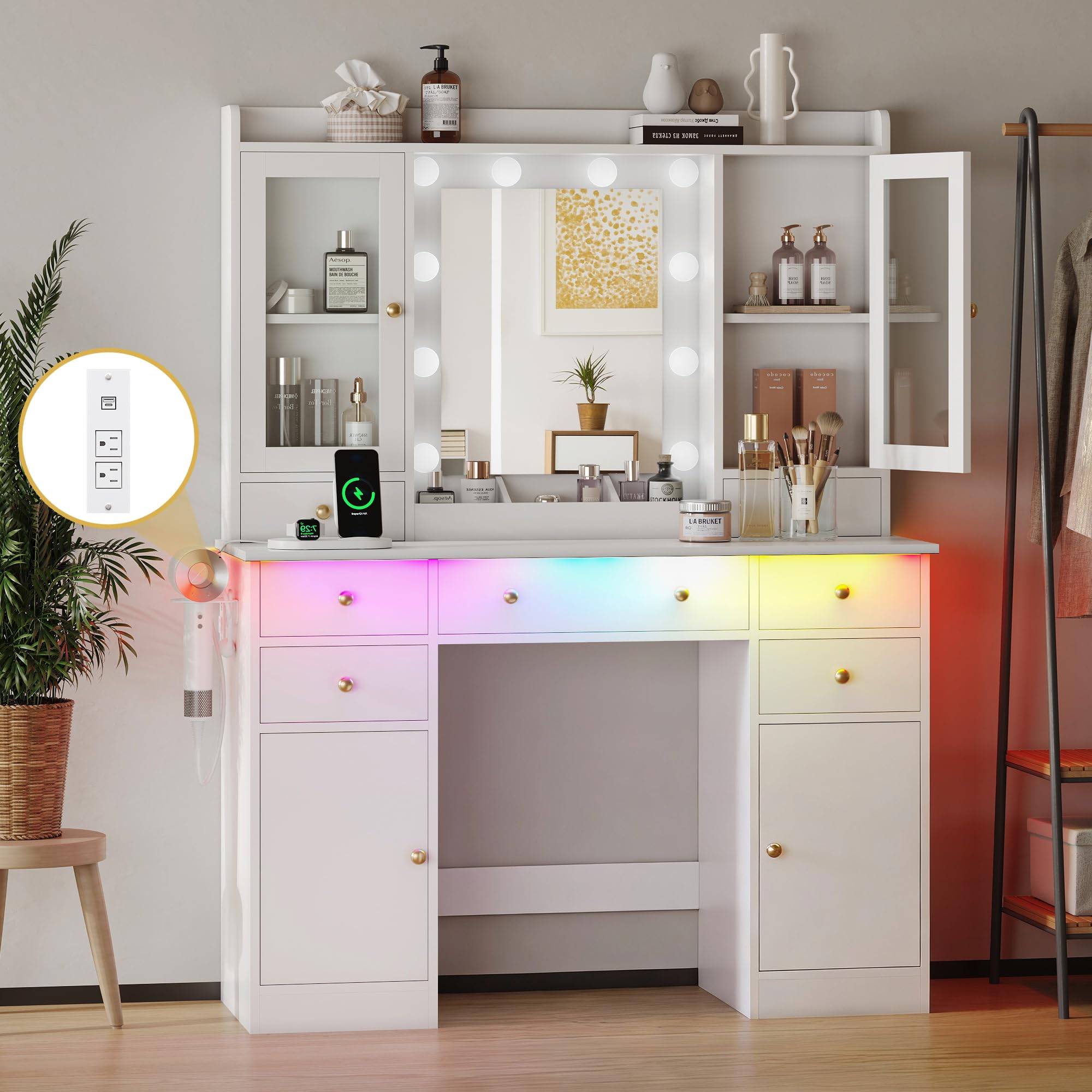 Makeup Vanity Desk with Mirror and Lights, White Vanity Table Set with Storage Drawers, Charging Station & Cabinets, Large Dressing Table with RGB Ambient Light for Women Girls Bedroom Bathroom