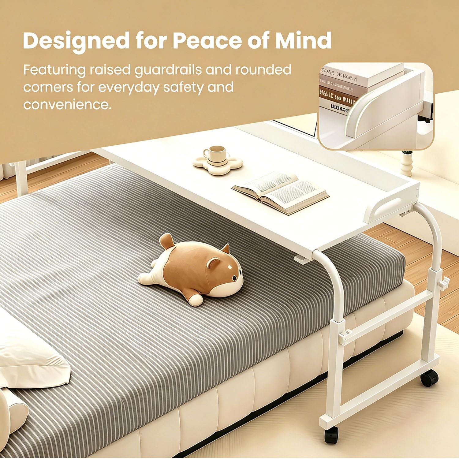 Mesa sobre Cama Regulable Altura Ruedas Portátil Ordenador | Ruedas con Bloqueo, Tope Anticaída, Superficie de Madera y Estructura Metálica; Perfecta para Trabajar o Comer en la Cama