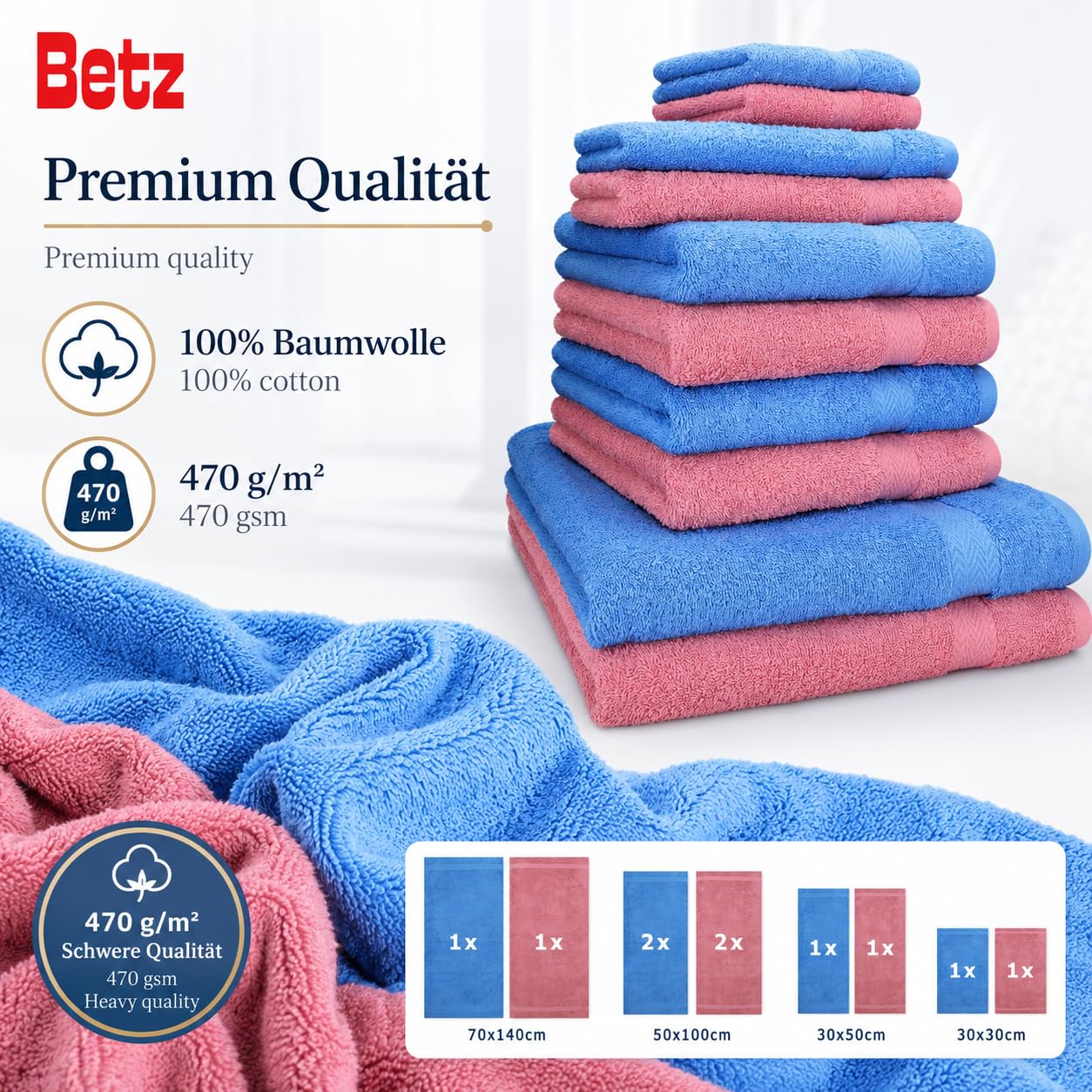 Betz 10-częściowy zestaw ręczników Classic 2 ręczniki do twarzy 30 x 30 cm 2 ręczniki dla gości 30 x 50 cm 4 ręczniki do rąk 50 x 100 cm 2 ręczniki kąpielowe 70 x 140 cm 100% bawełna kolor stary różowy i jasnoniebieski