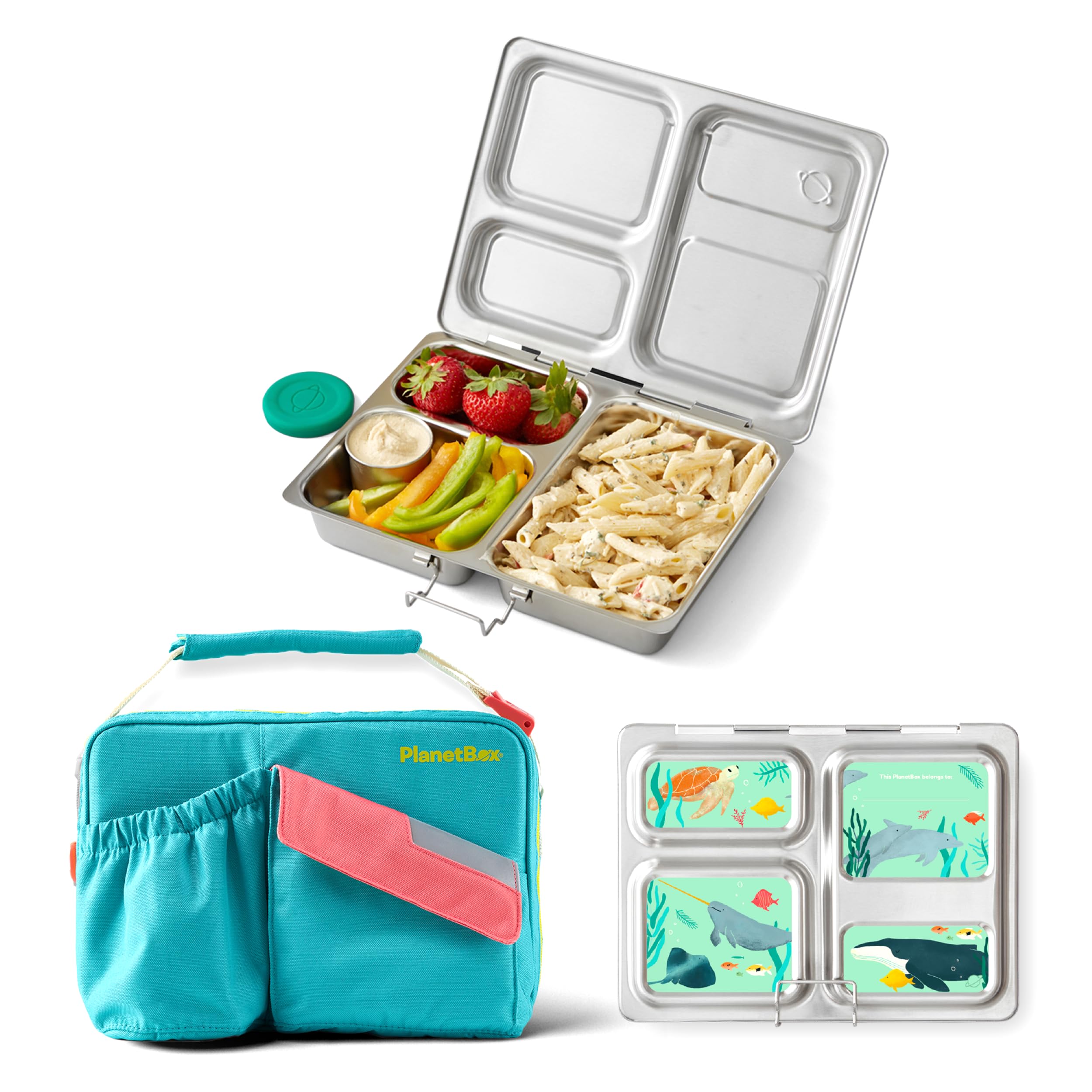 PlanetBoxLaunch Stainless Steel Bento Box Style Lunch Box Kit for Kids and Teens with 3 Compartments – Under The Sea Edition includes Insulated Lunch Bag, Leakproof Food Containers & Matching Magnets