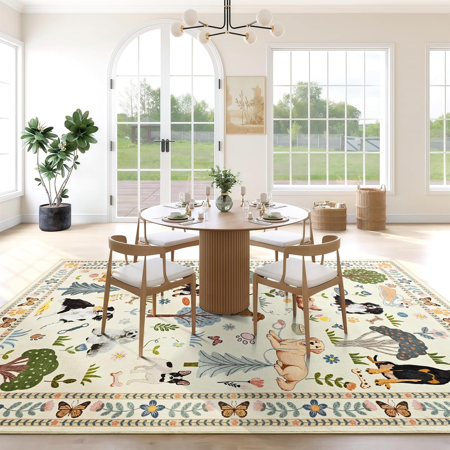 ST. BRIDGE Beige Living Room Rug 4x6 Rug, Non Slip Stain Resistant Washable Low Pile Carpet, Soft Thin Floral Dog Print Area Rugs, Floor Mat for Bedroom Farmhouse Dining Room Kids Room Home Decor