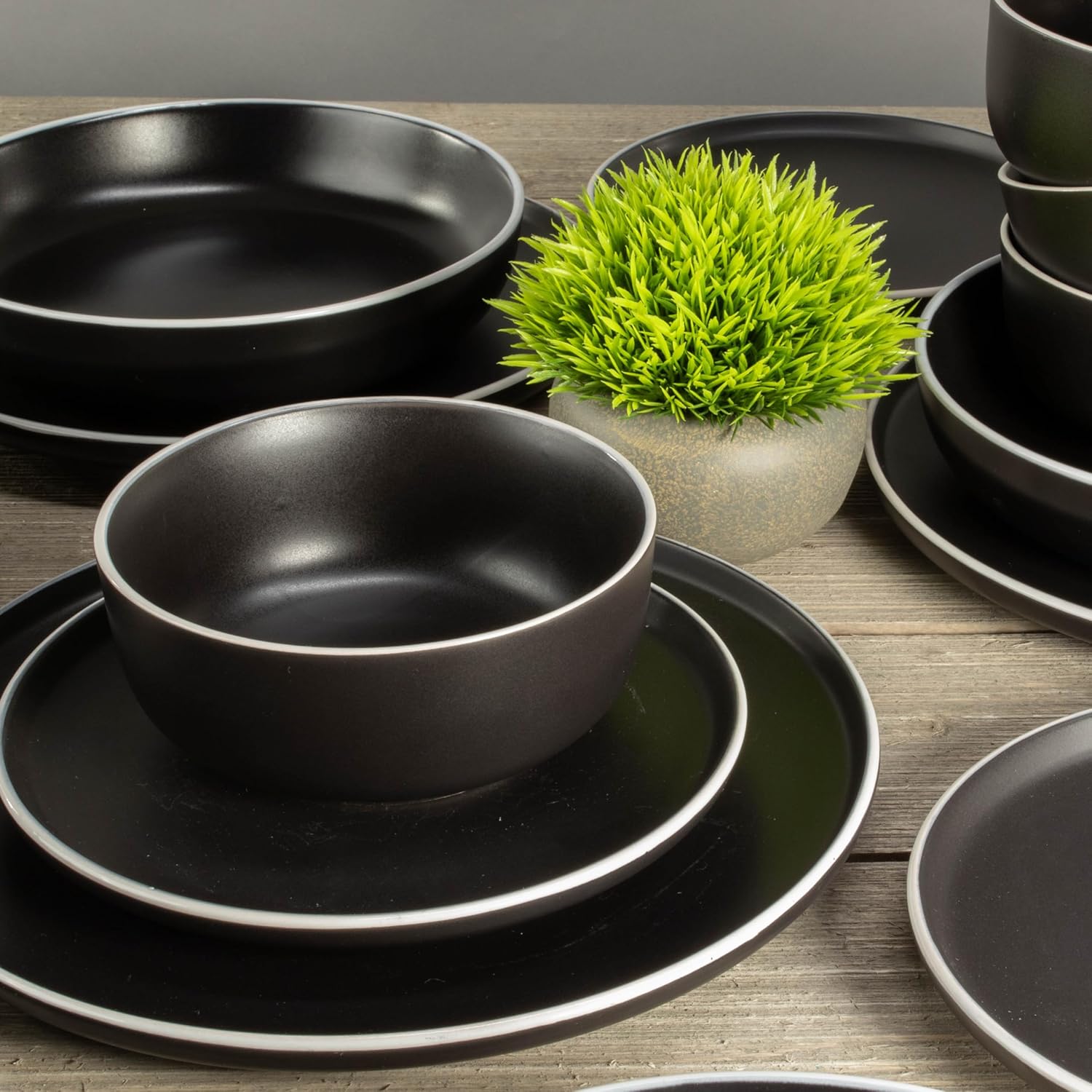 BIA Cordon Bleu Stoneware, Tempo, 16-Piece Dinnerware Set Double Bowl, Onyx