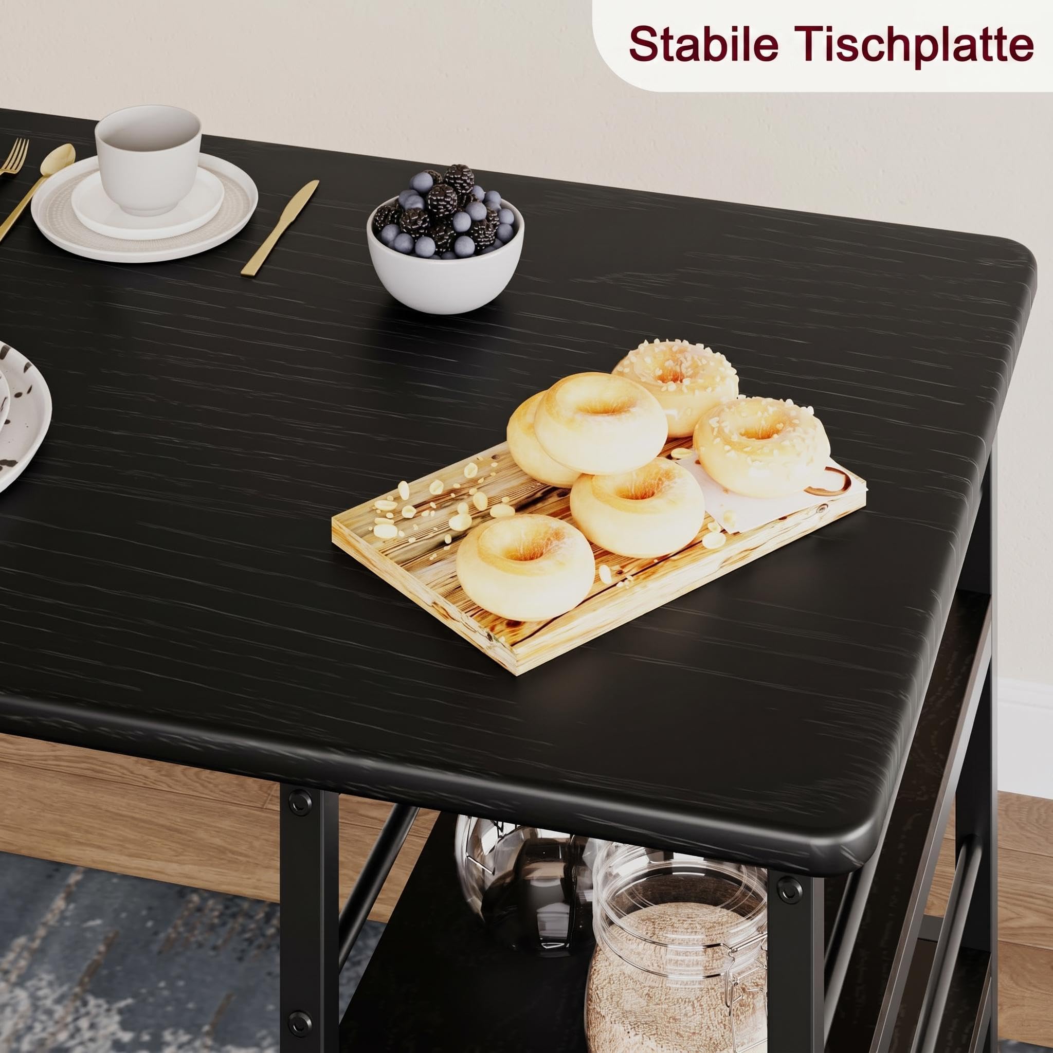 Bartisch mit Barhocker Set, 3-Teilig Kleiner Esstisch mit 2 Gepolsterten Stühlen & 3 Ablagen für Küche, Esszimmer, Bartisch mit 2 Stühlen für Kleine Räume