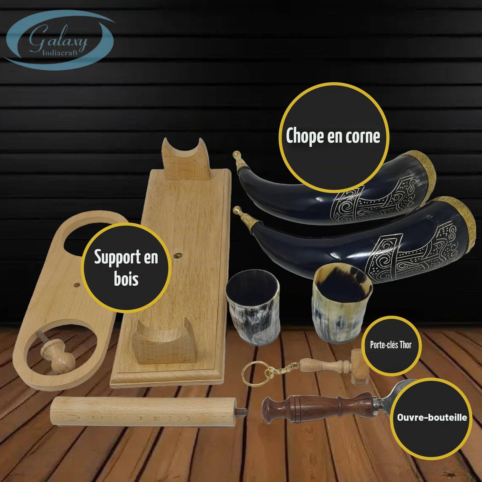 Viking Corne de bœuf | Chope | Tasse | Verre à liqueur | Décapsuleur | 100 % sans fuite | Naturel et fait à la main | Offres combinées (2 cornes avec support en bois)